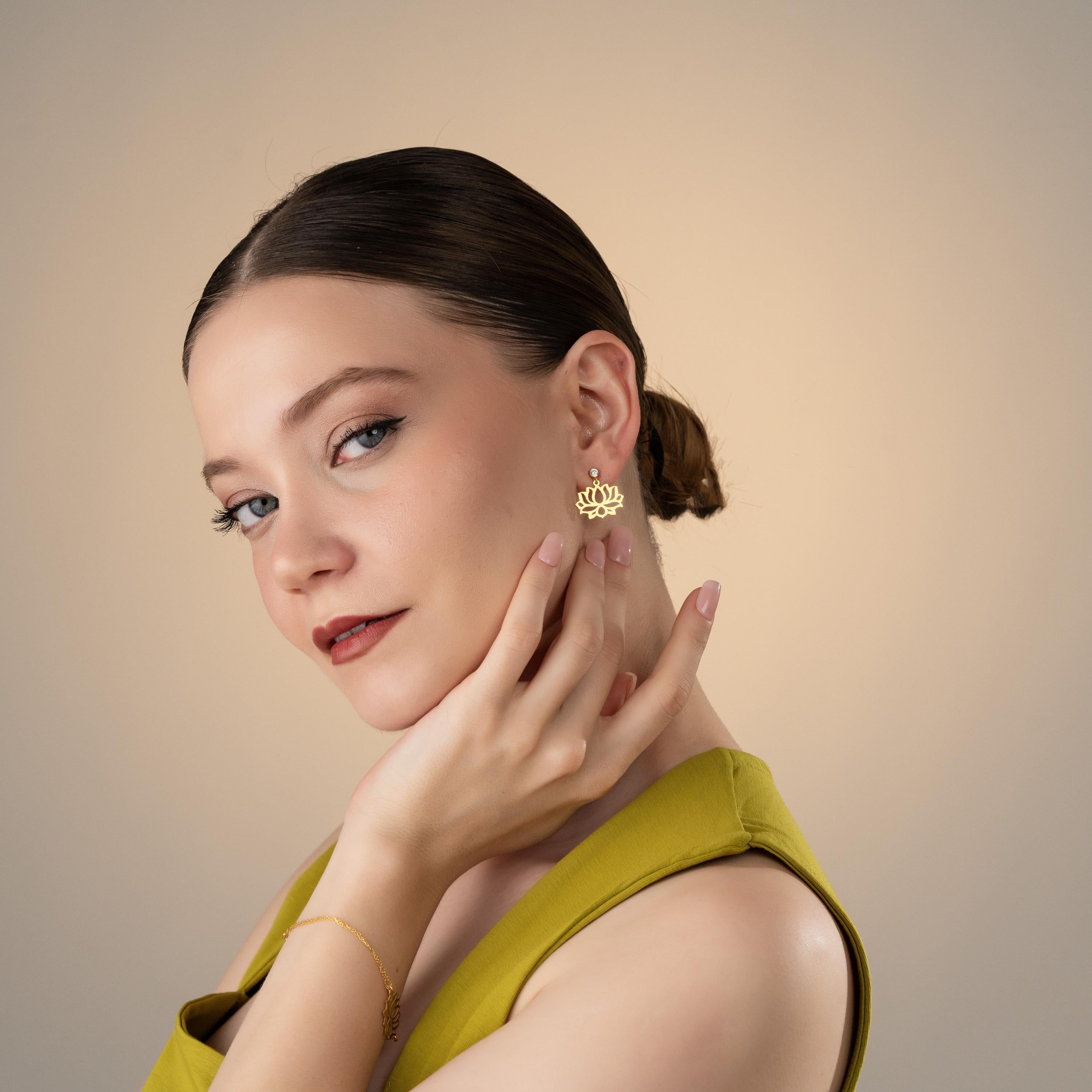 Gold Lotus Flower Jewelry Set, Dainty Bracelet & Earrings