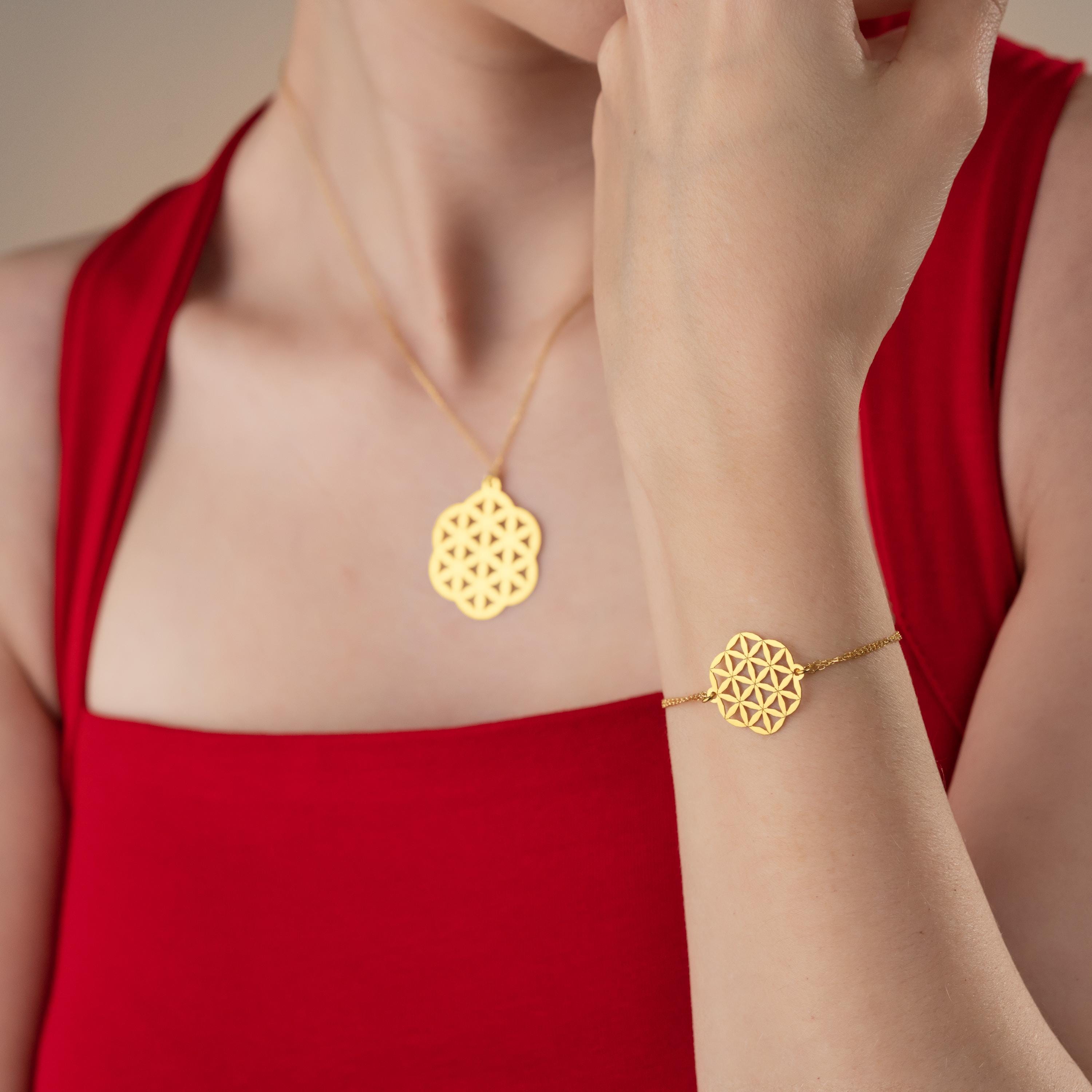 Boho Flower Of Life Jewelry Set , Dainty Gold Necklace & Bracelet For Women , Yoga Necklace And Bracelet Gift , Spiritual