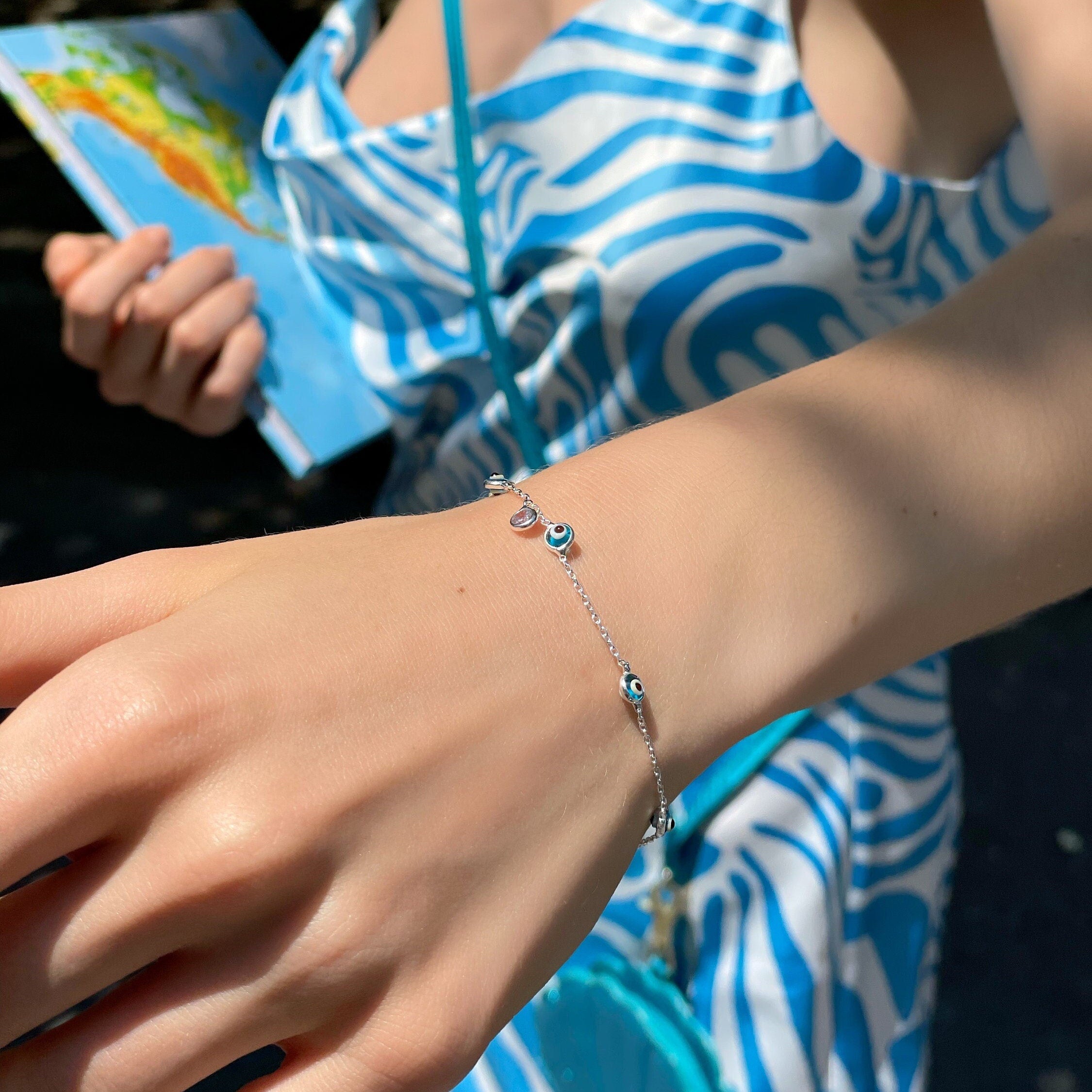 Sterling Silver Blue Evil Eye Bracelet - Blue Glass Beads - Protection & Possitive Energy - Summer Jewelry For Women