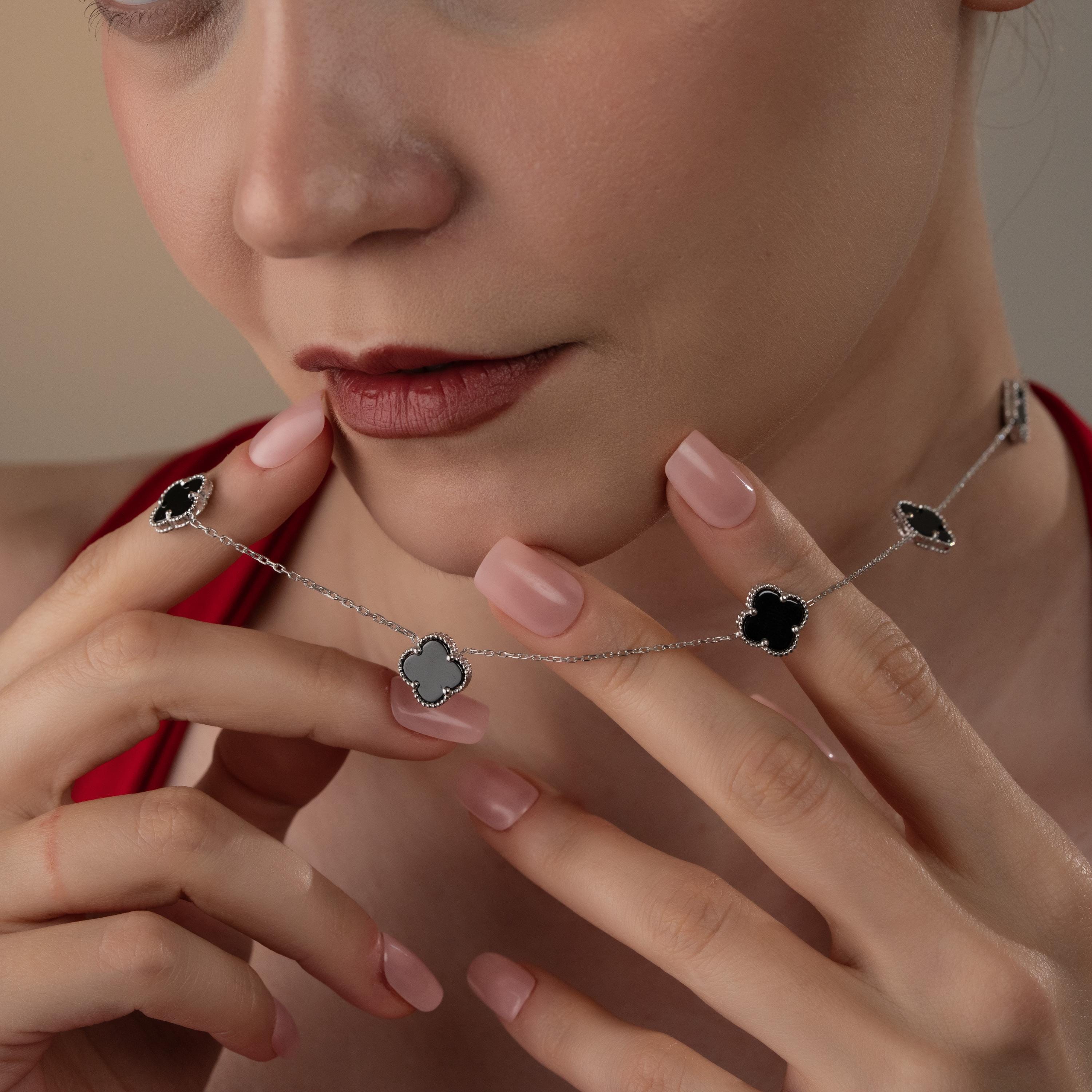 Modern Lucky Clover Charm Necklace & Bracelet Set , Personalized Lucky Clover Jewelry Set, Gemstone Color And Chain Options