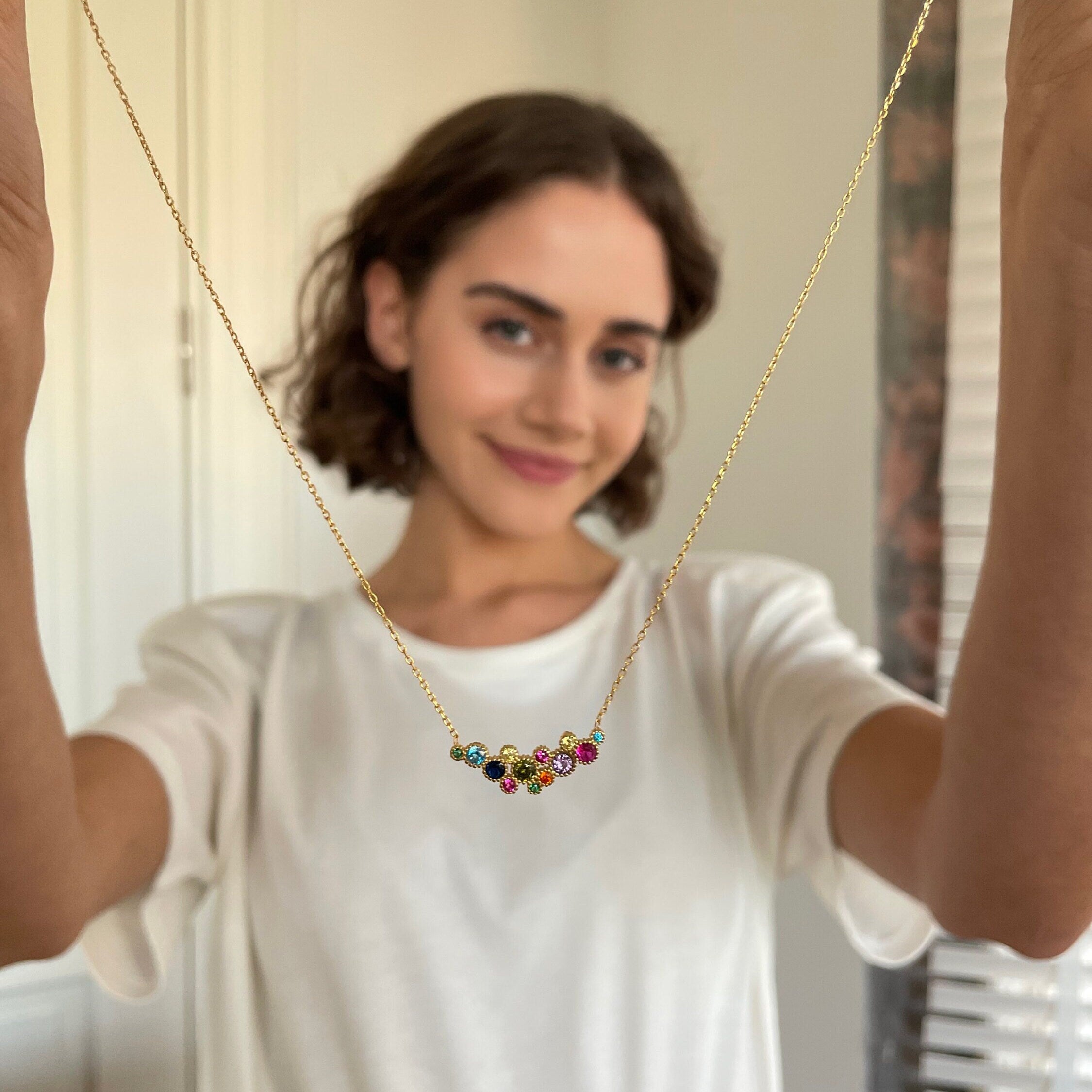 Fancy Rainbow Jewelry Set - Multicolor Zirconia Necklace And Eternity Ring Set - Gold Plated Colorful Cz Jewelry -