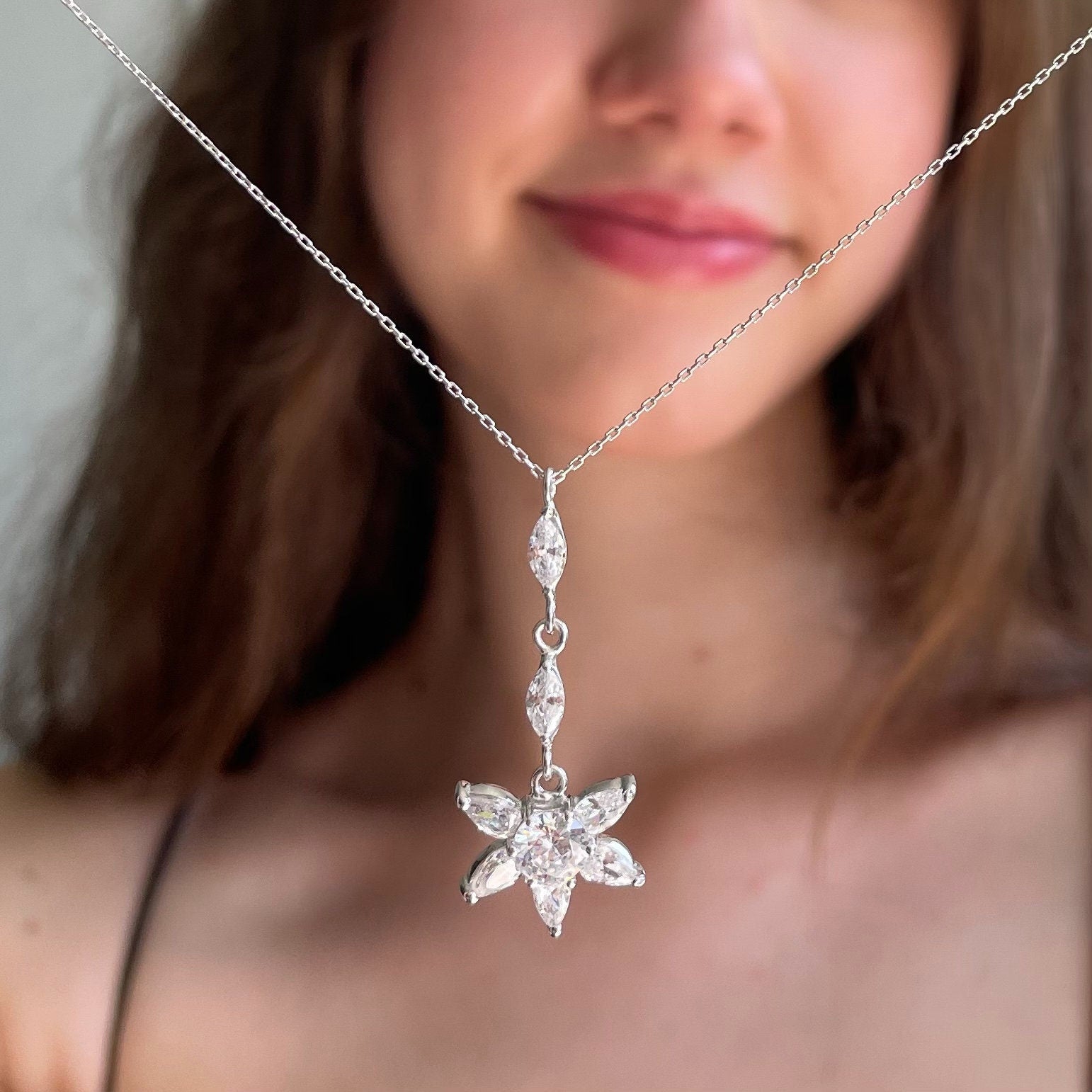 Charming Cz Flower Necklace - Sparkling Zirconia Floral Pendant - Sterling Silver Floral Design Jewelry - Delicate Gift Idea
