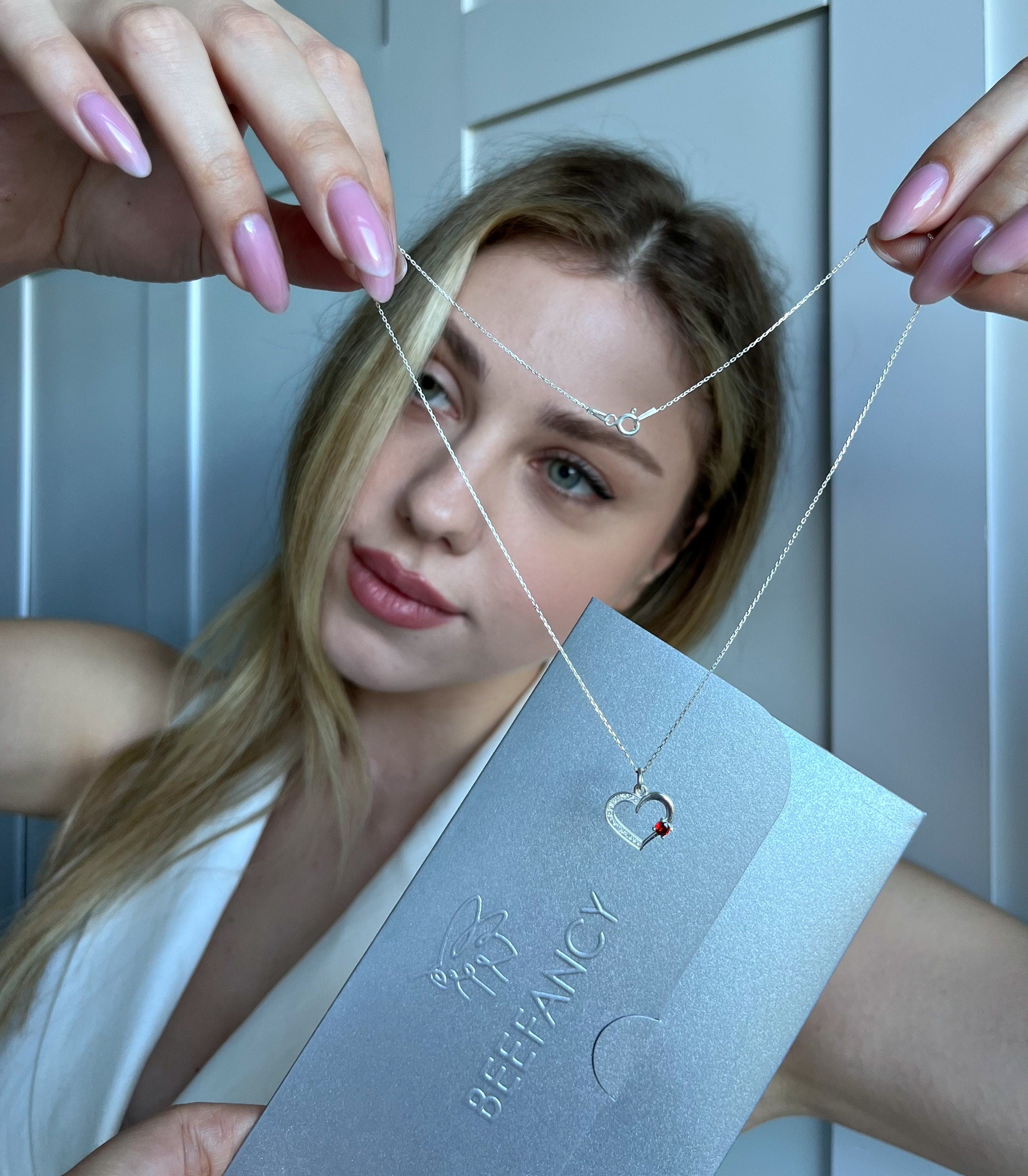 Heart Pendant With Red Garnet Gemstone , Silver Necklace For Women , Sterling Silver Delicate Necklace ,