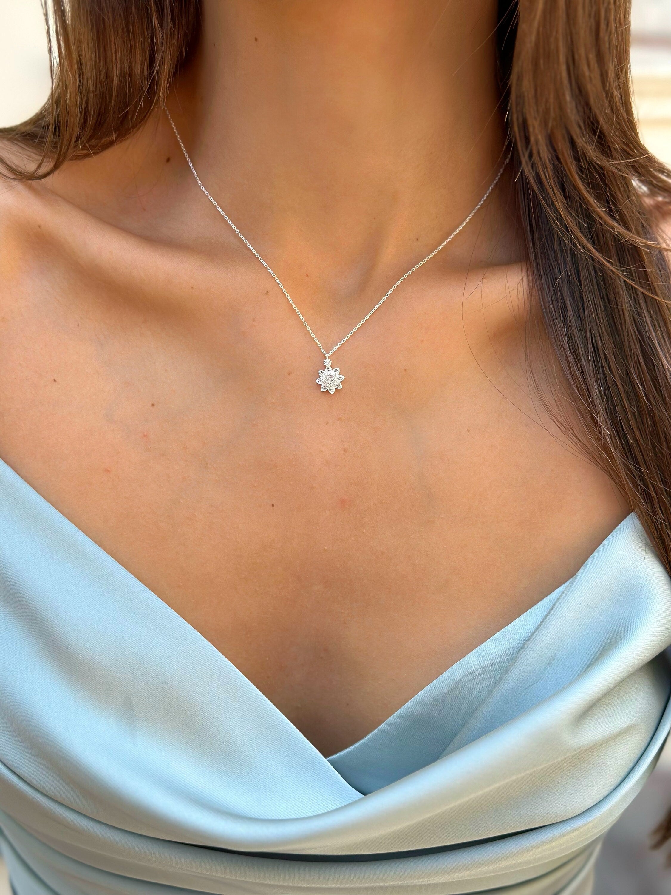 Sparkling Floral Design Pendant- Sterling Silver Flower Necklace - Cz Flower Pendant - Jewish Model Necklace - Gift Idea - Perfect Gift Idea