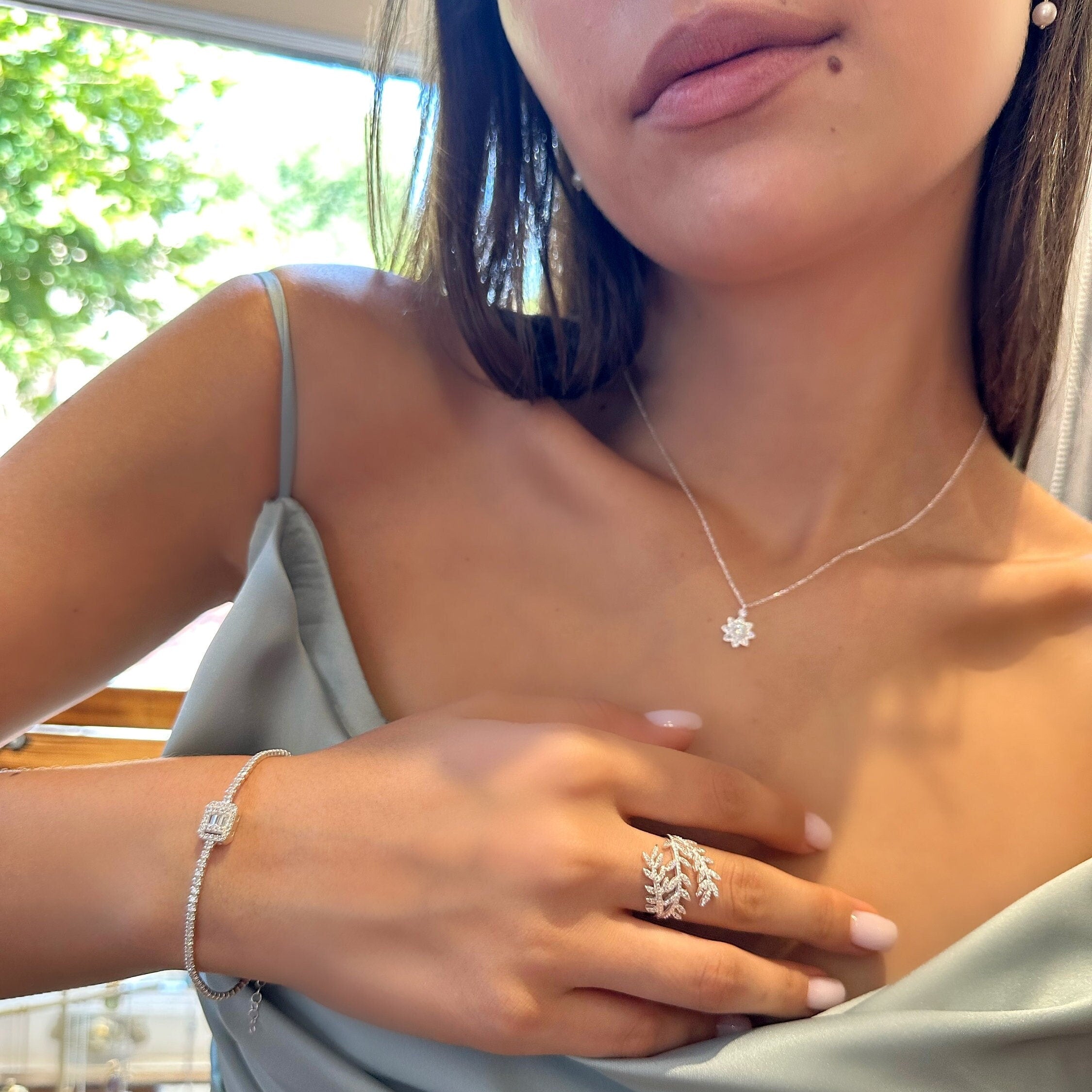 Sparkling Floral Design Pendant- Sterling Silver Flower Necklace - Cz Flower Pendant - Jewish Model Necklace - Gift Idea - Perfect Gift Idea