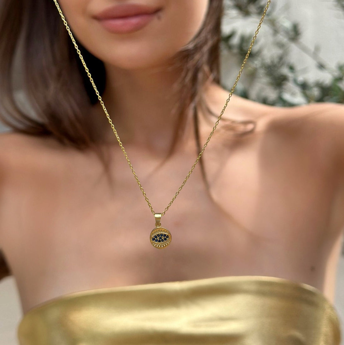 Round Evil Eye Necklace - Gold Color Evil Eye Protection Pendant - Navy Gemstone - Minimalist 925 Sterling Silver Jewelry - Spiritual Gift