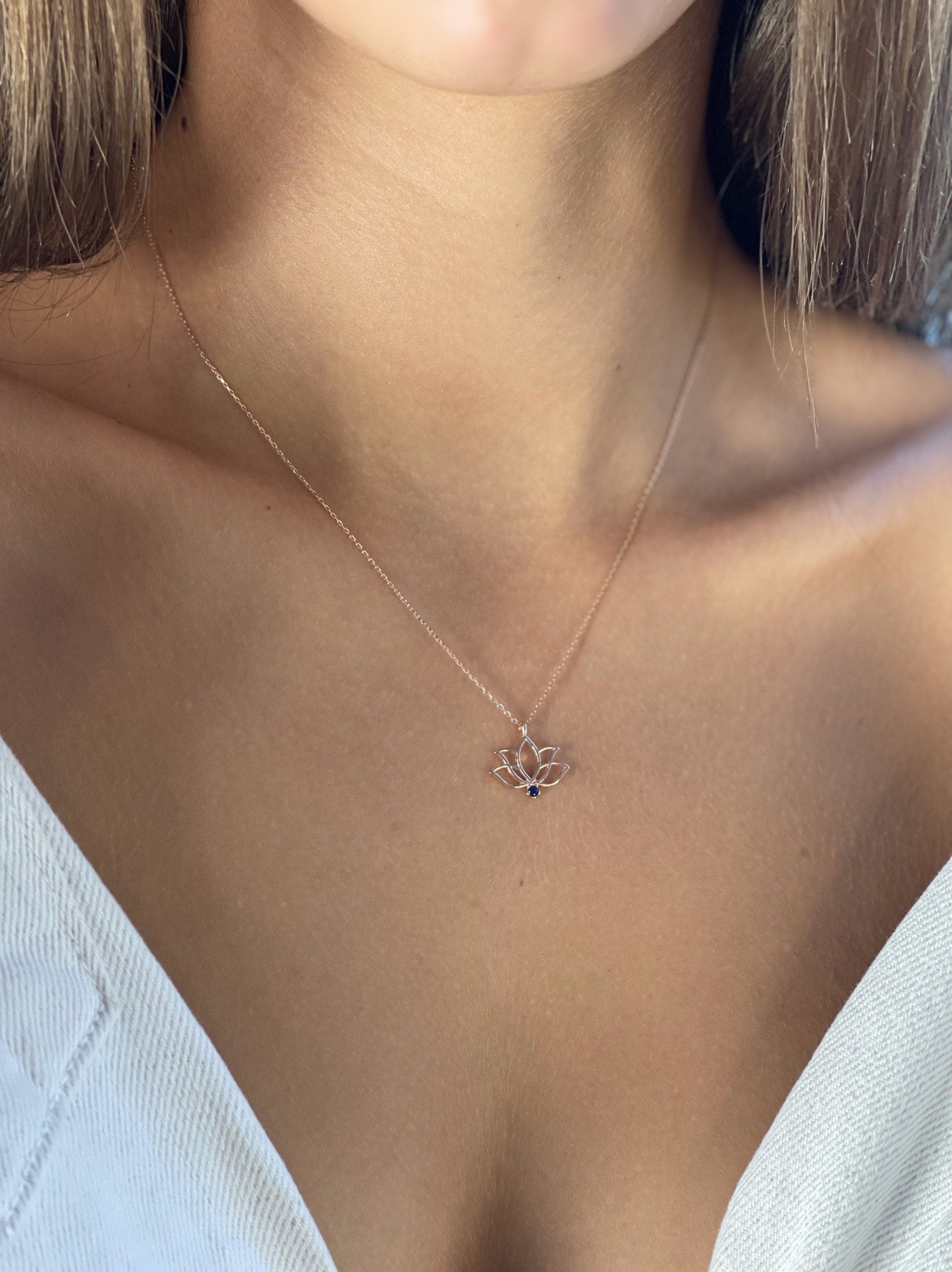 Lotus Flower Necklace, 925 Sterlin Silver Yoga Pendant, Rose Gold Zen Necklace With Tiny (2mm) Navy Gemstone, Necklace For Yogi