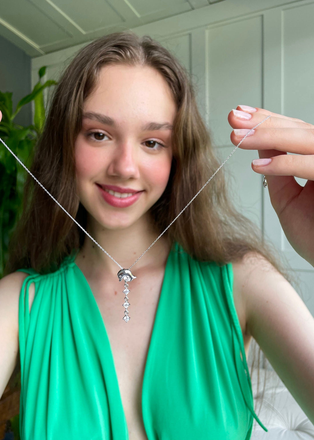 Dangling Cz Dolphin Necklace - Dangling Zirconia Stones Dolphin Pendant - Animal Jewelry - Handmade Summer Jewelry For Women