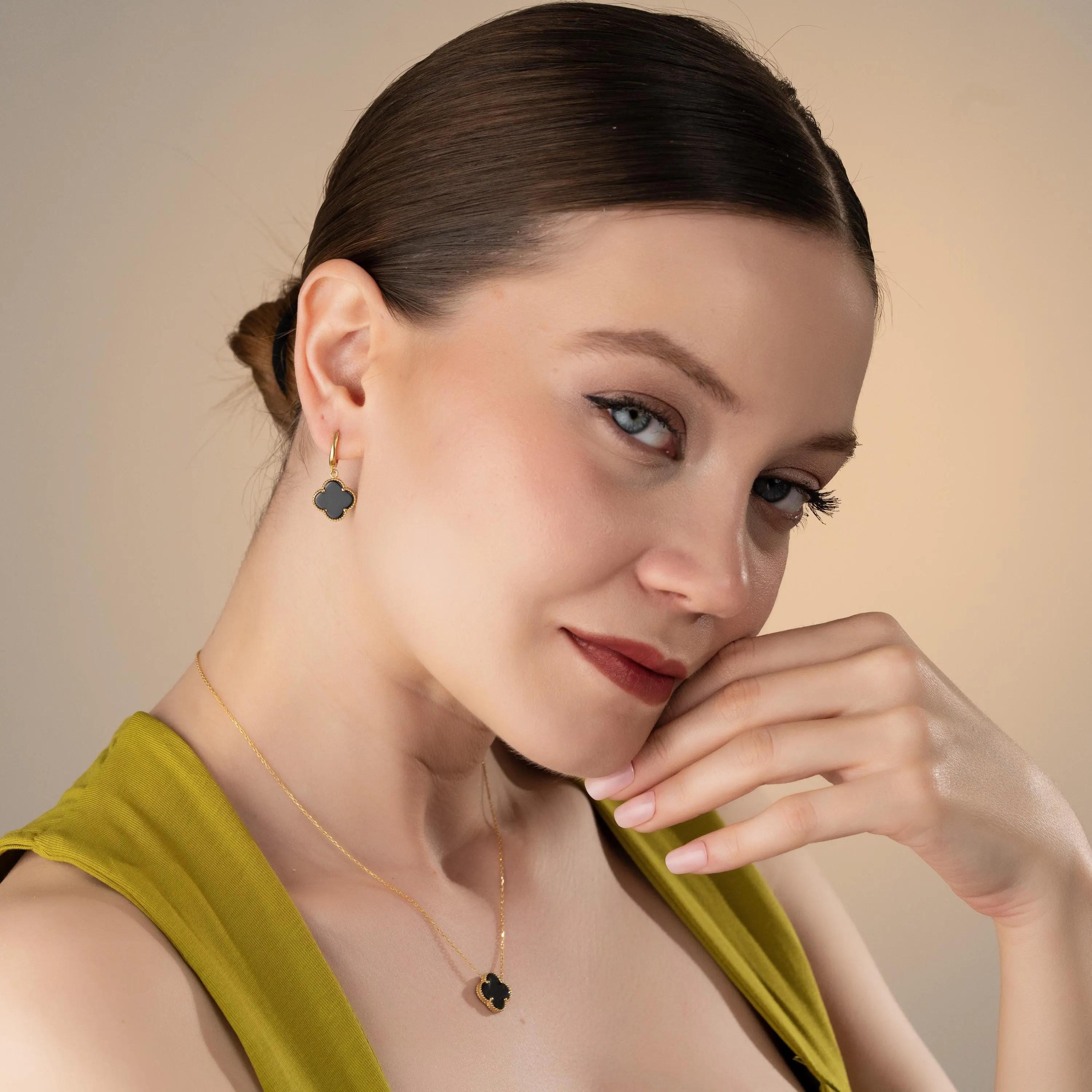 Black Clover Necklace & Earrings Set , Personalized Four Leaf Clover Jewelry Set , Women’s Lucky Charm Set, Gemstone Color And Chain Options