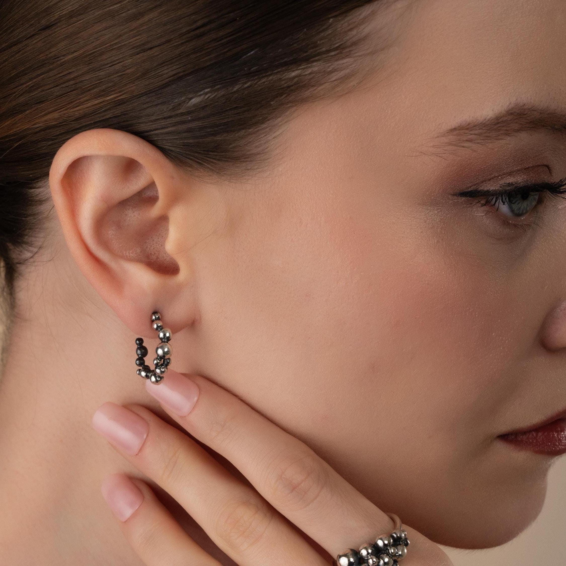 Handmade Beaded Bubble Hoop Earrings , Modern Bead Statement Hoops, Contemporary Jewellery , Unique Earrings Gift , Gold & Silver Bead Hoops