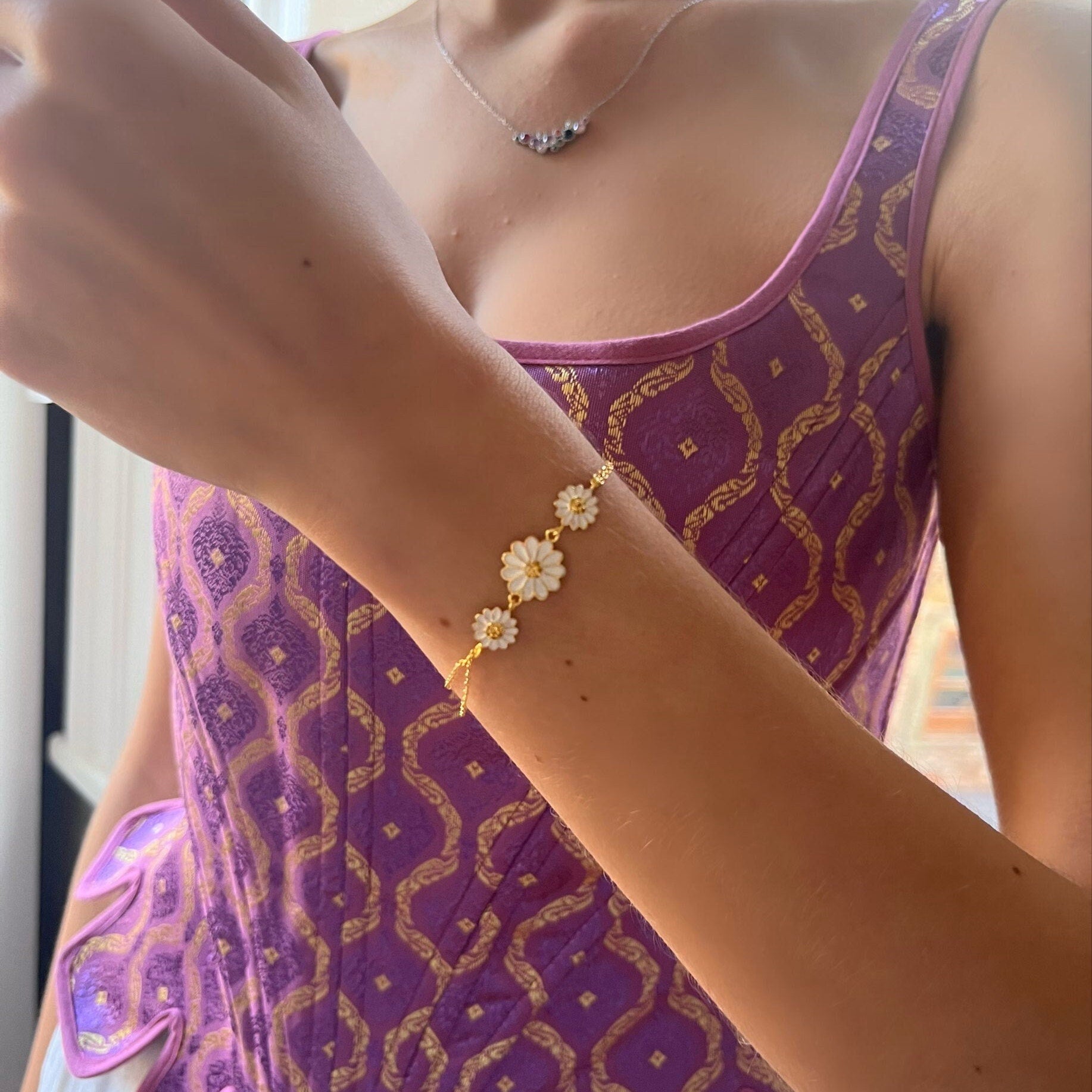 Double Chain Daisy Bracelet - Gold Color Daisy Charm Bracelet - Floral Jewelry - Adjustable 925 Sterling Silver Jewelry - Handmade Gift