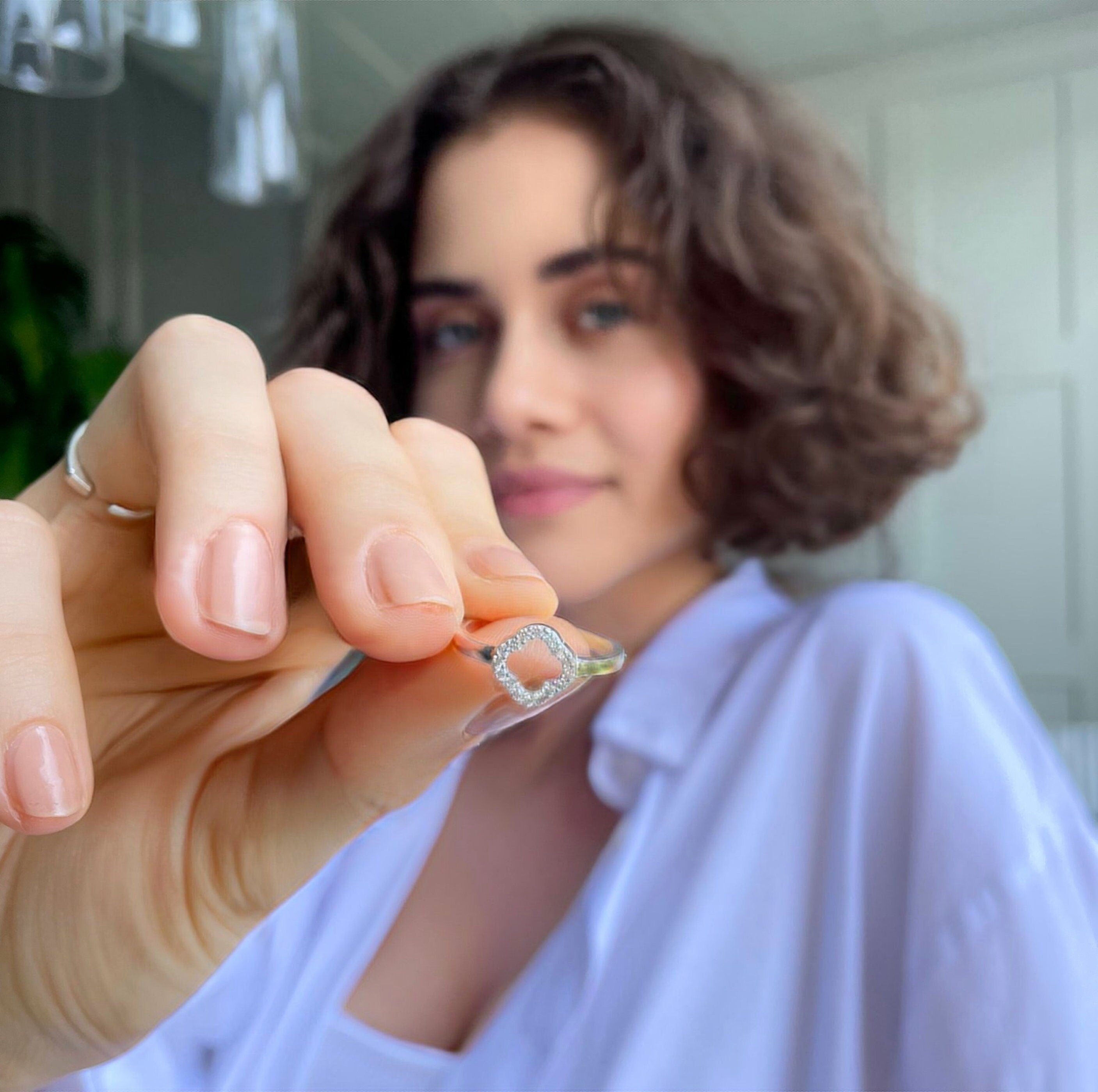 Engraved Sterling Silver Four Leaf Clover Ring - Cz Clover Ring - Adjustable Lucky Ring - - Art Deco Ring