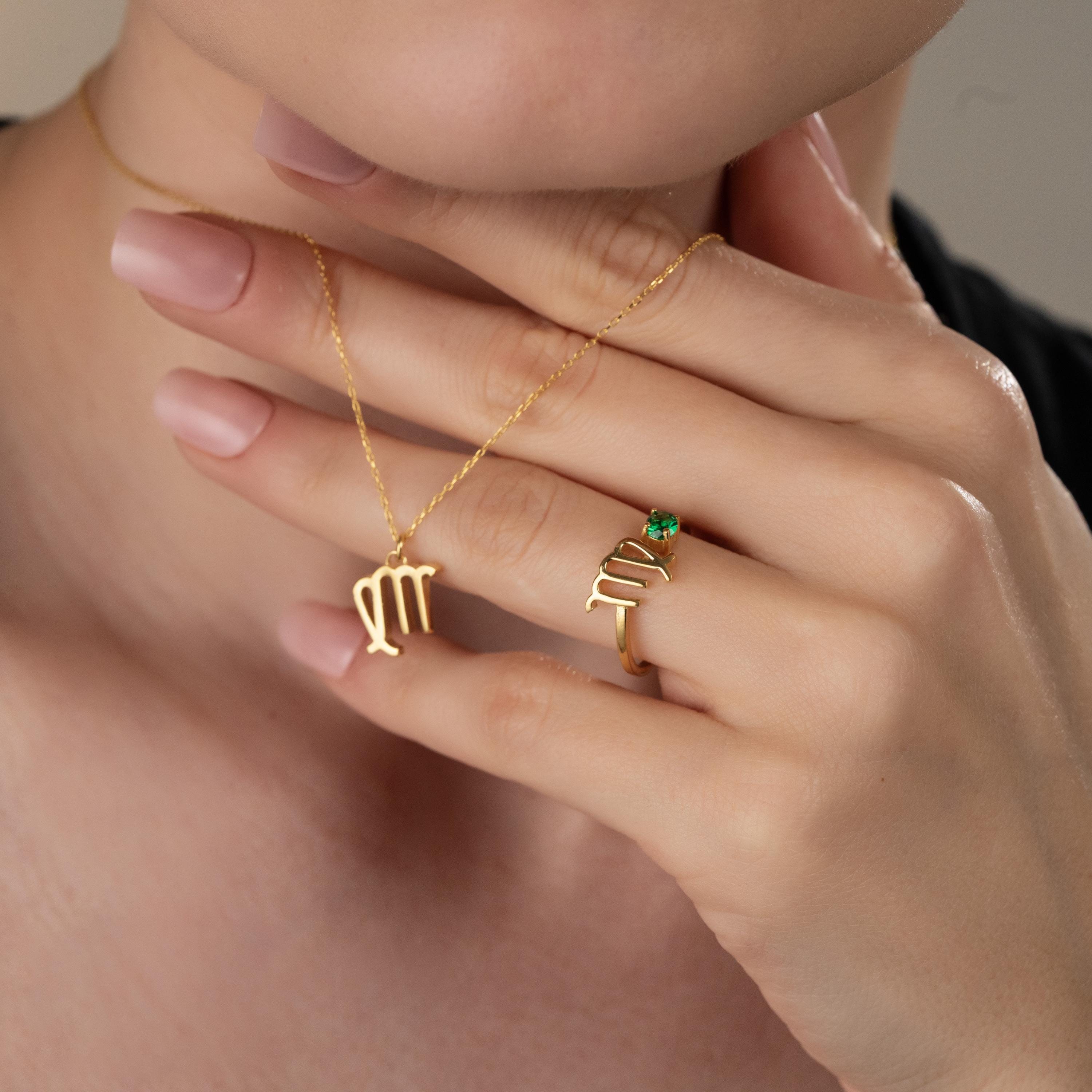 Zodiac Necklace And Adjustable Ring Set , Personalized Zodiac Sign Jewelry Set, Horoscope Pendant And Ring Matching Set, Astrology Jewelry