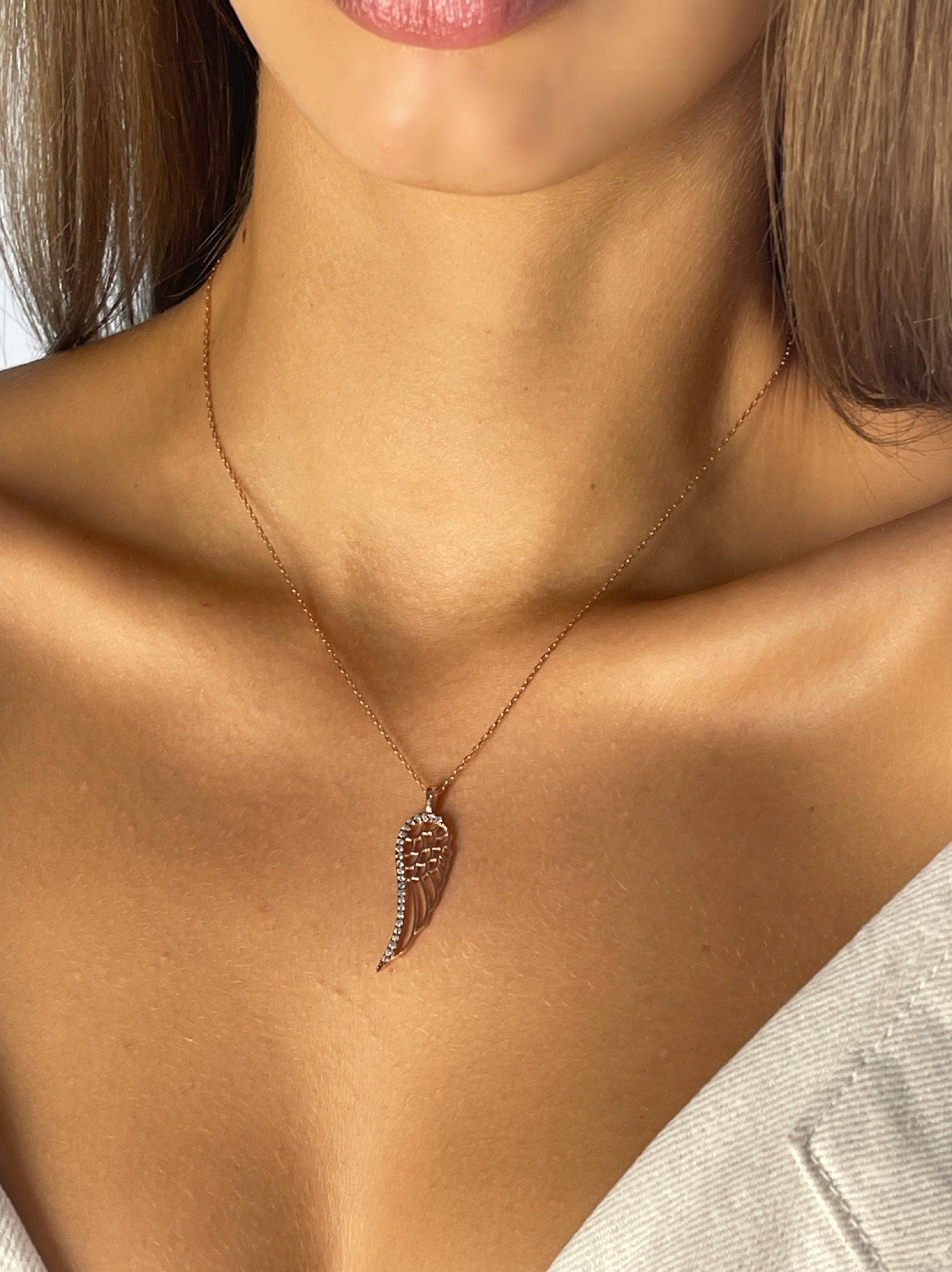 Sterling Silver Angel Wing Pendant Necklace, White Zircon Archangel Jewelry, Dream Wing Necklace, Delicate Silver Necklace
