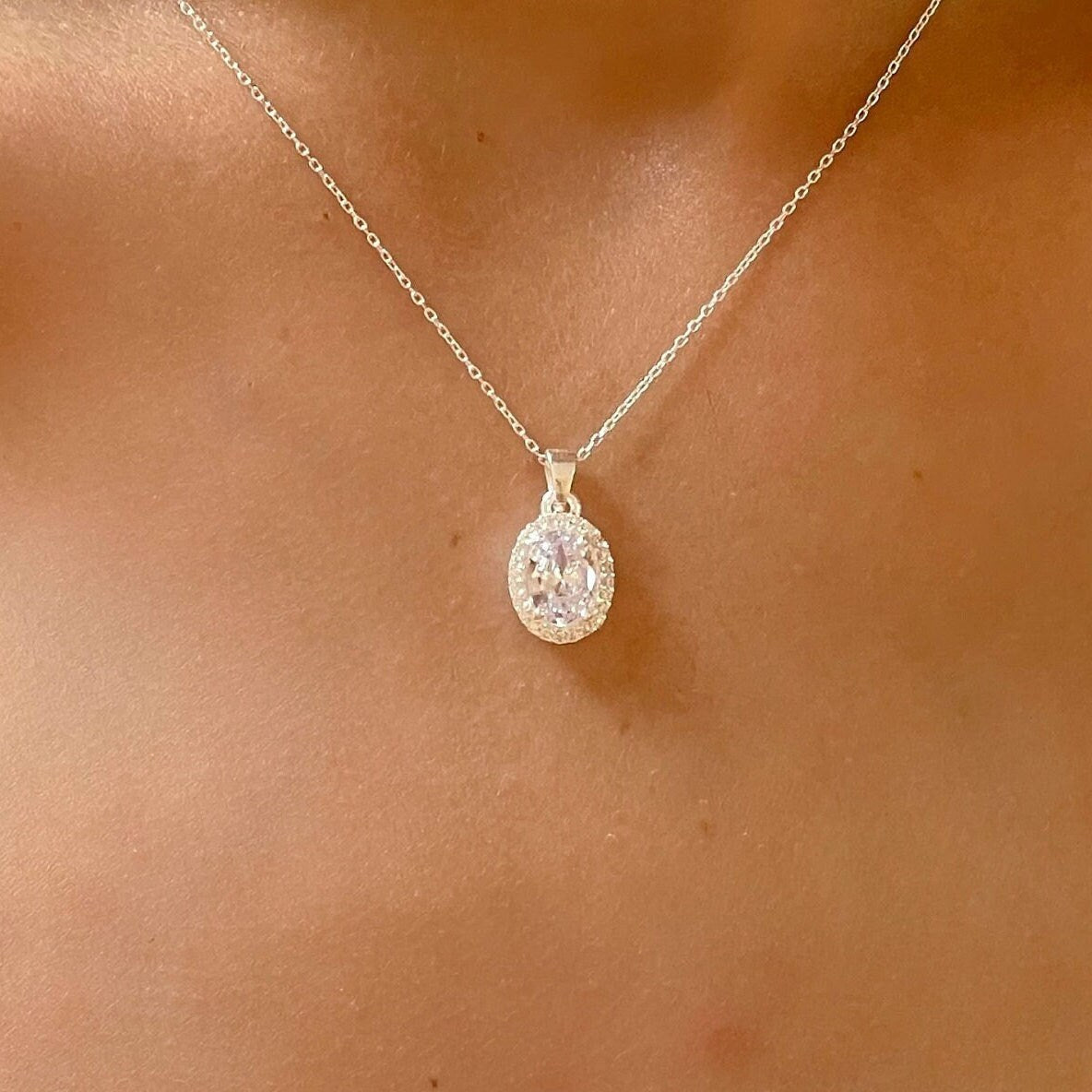 Oval Cut Zircon Halo Pendant - Cz Halo Necklace - Cubic Zirconia Gemstone - Dainty Sterling Silver Necklace - Sswarovski Halo Pendant