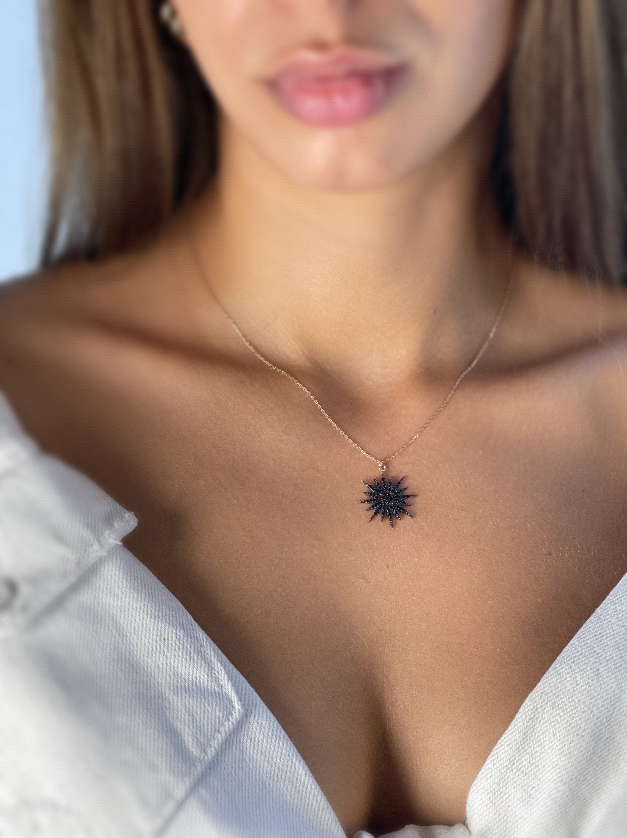 Cosmic Star Necklace, North Star Jewelry Pendant, , Starburst Pave Necklace, Delicate Silver Necklace