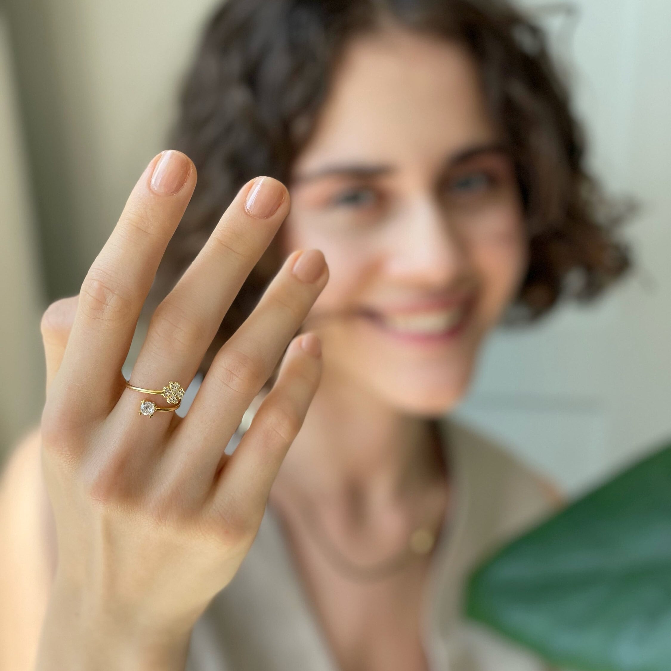 Multi Layer Thumb Cz Flower Spiral Ring - Gold Color Open Adjustable Ring - Delicate Sterling Silver Jewelry - Stunning Ring For Women