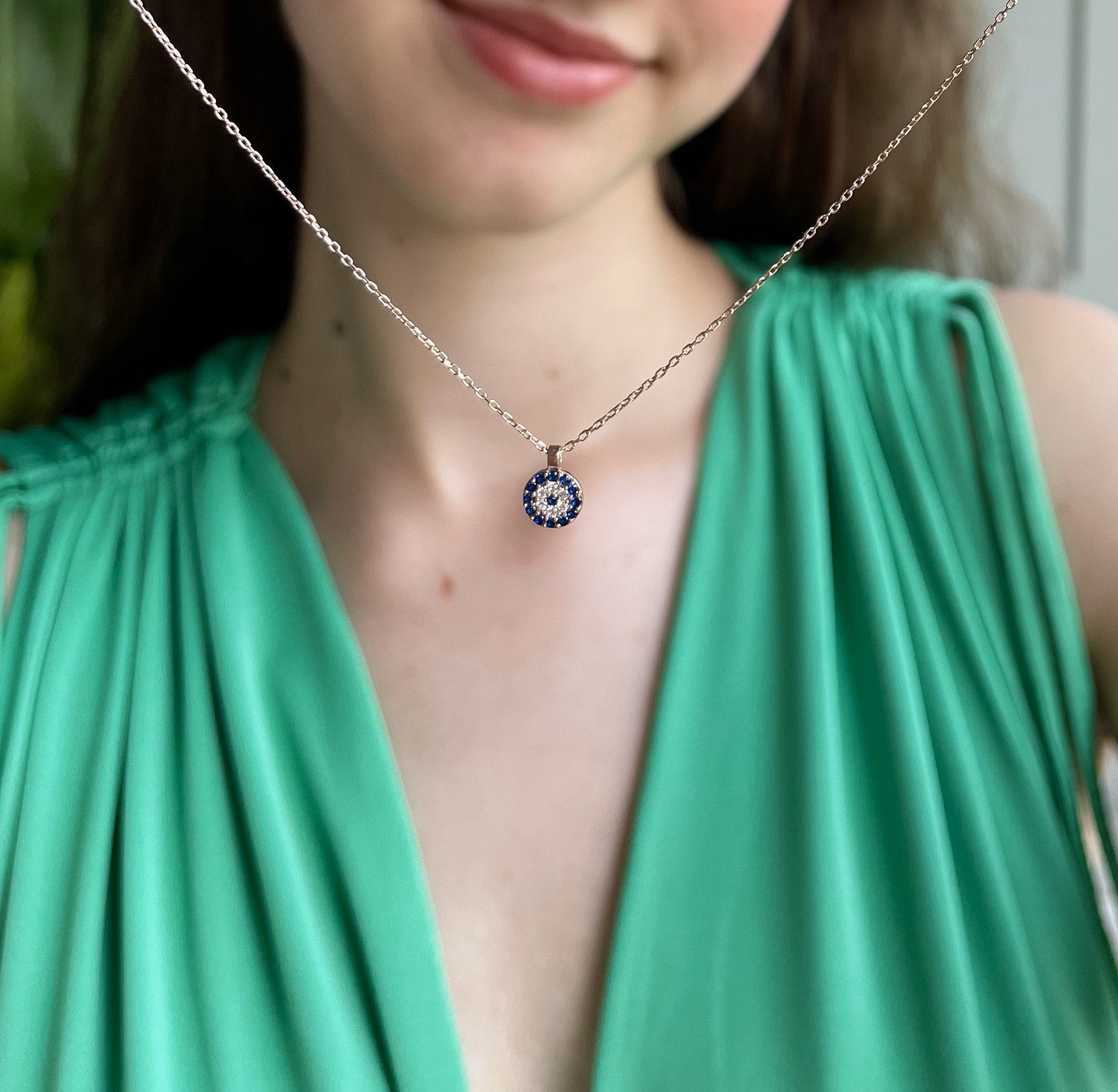 Minimalist Evil Eye Necklace - Blue Eye Protection Necklace - 925 Sterling Silver Jewelry - Silver & Rose Gold Chain