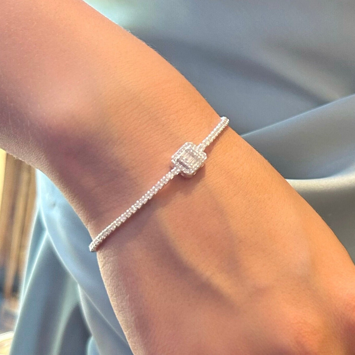 Silver Tennis Bracelet With Glittering Rhinestone Baguettes - Handcrafted Luxury Bracelet - Elegant Silver Jewelry - Bridemaids Gift