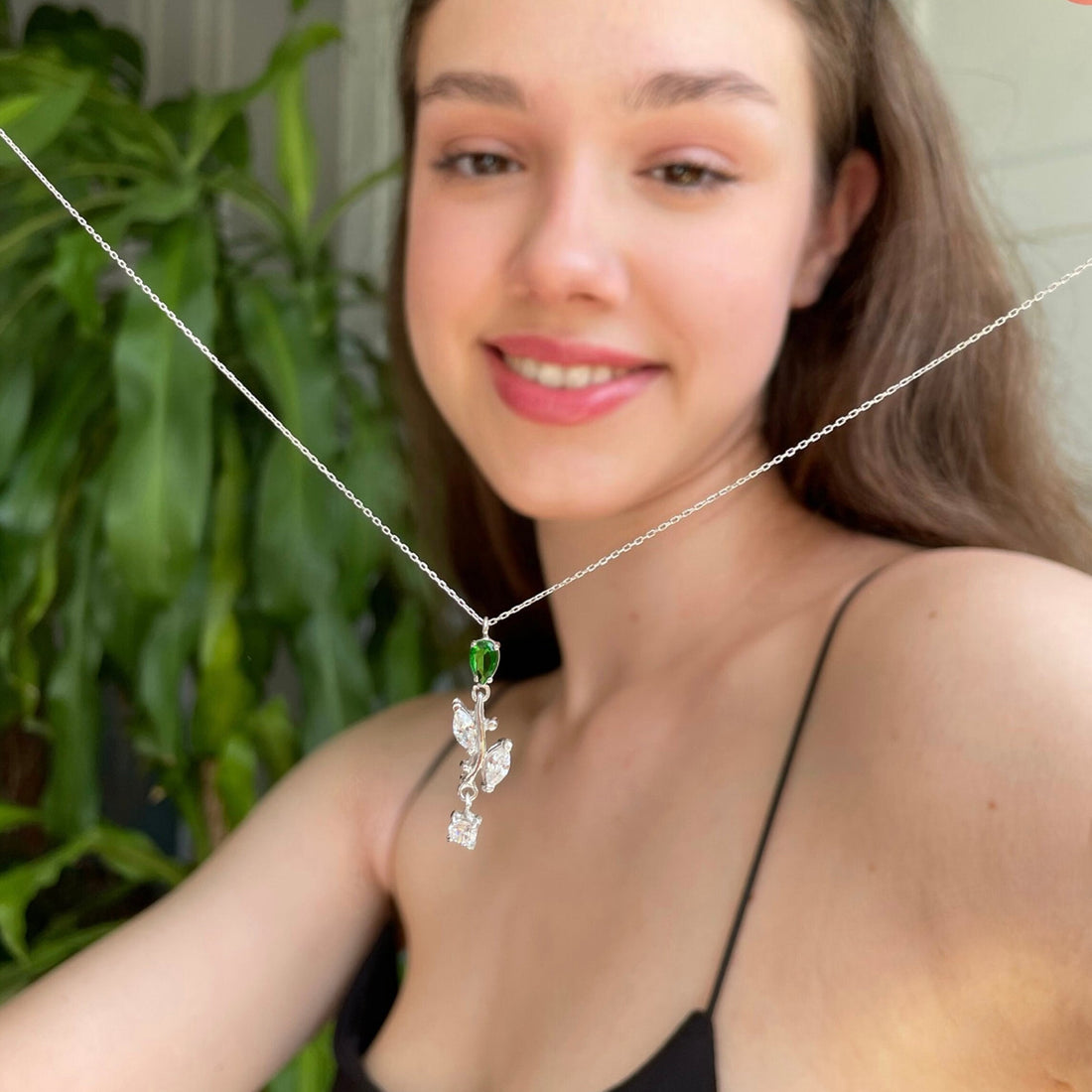 Elegant Emerald Flower Necklace - Cz Dangle Floral Pendant - Handmade Sterling Silver Jewelry - Dainty Gift