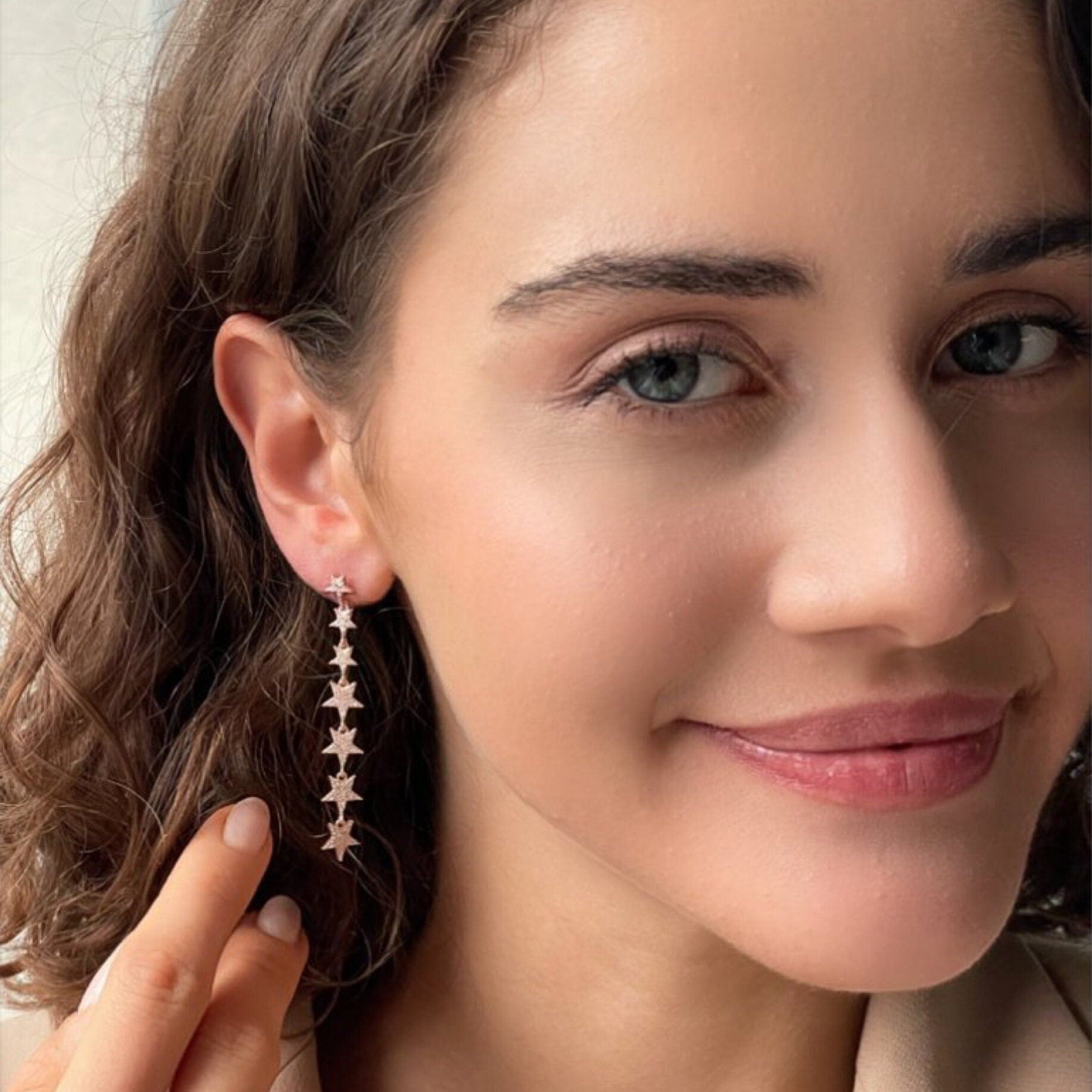 Star Lariat Dangle Earrings - Zircon Gemstones Celestial Earrings - Sterling Silver Jewelry - Star Design Stud Earrings - Star Drop Earrings