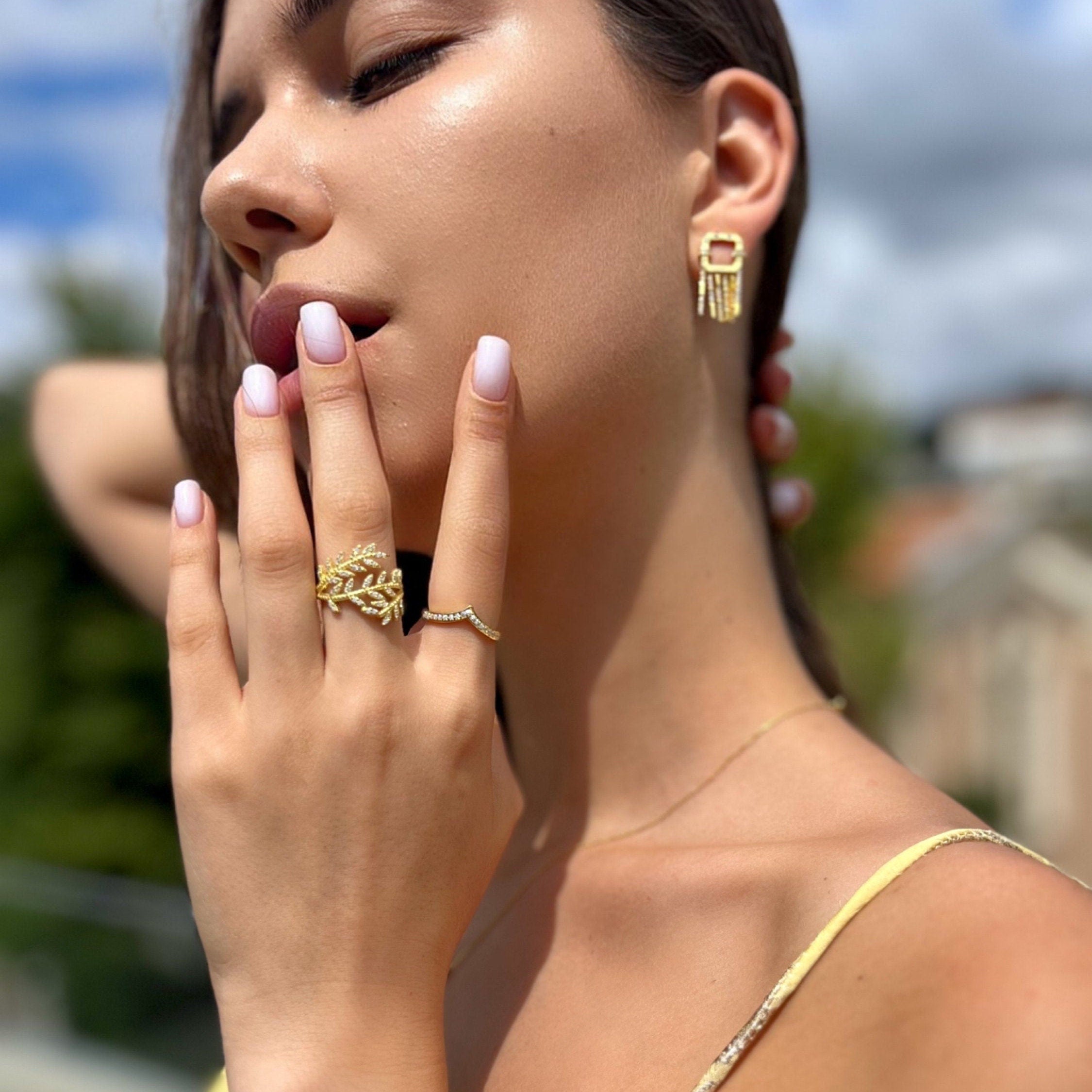 Stylish Gold Color Fringe Earrings - Tassel Stud Earrings - Cz Sterling Silver Jewelry - Dainty Minimalist Jewels - Gold/rose Earrings