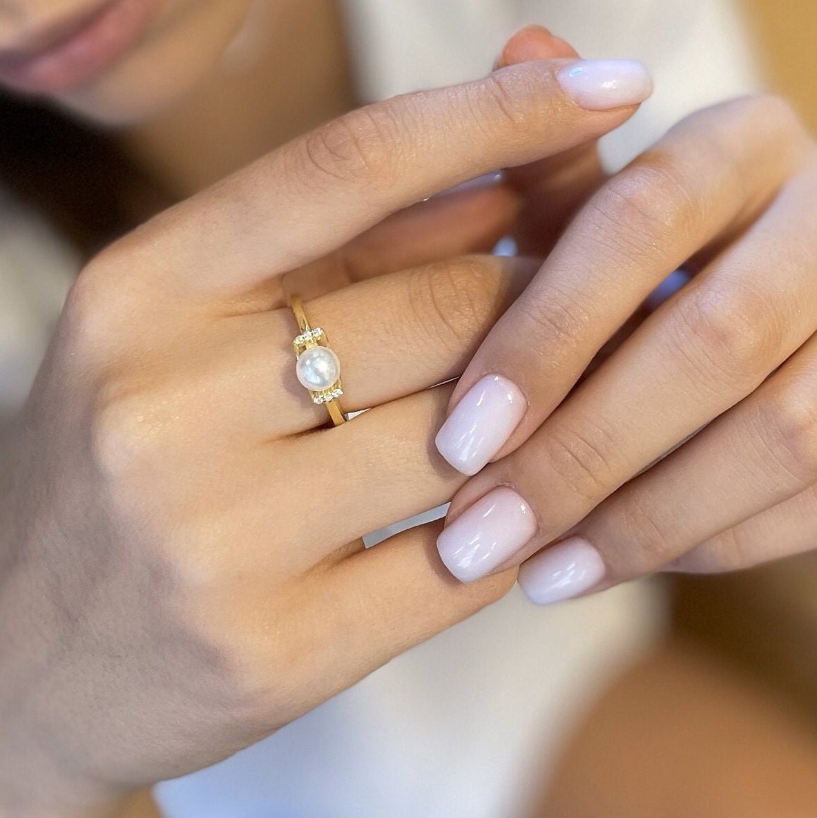 Elegant Pearl And Cubic Zirconia Ring - Gold Color Ring - Adjustable Minimalist Pearl Ring - - Gold/silver/rose Colors