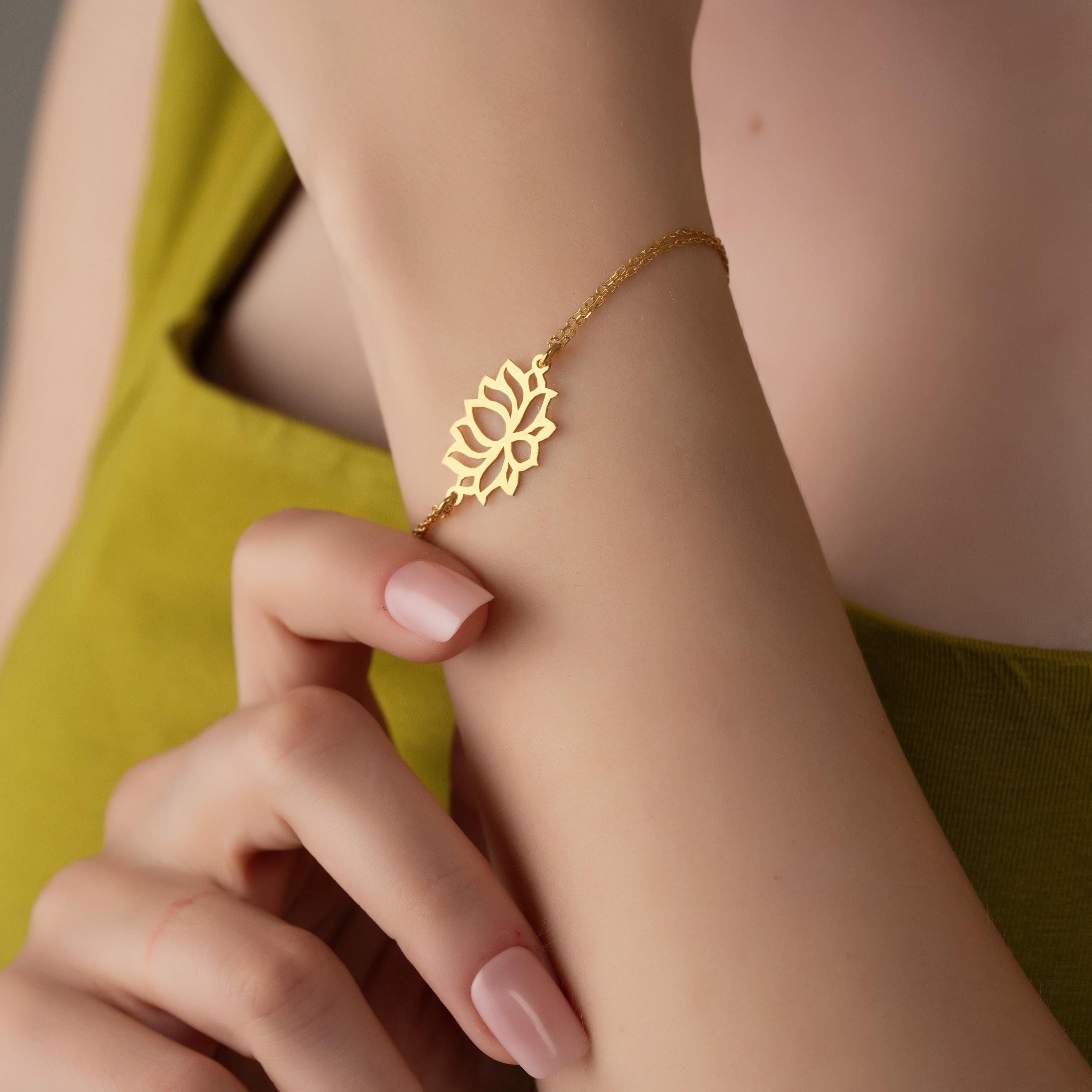 Gold Lotus Flower Jewelry Set, Dainty Bracelet & Earrings