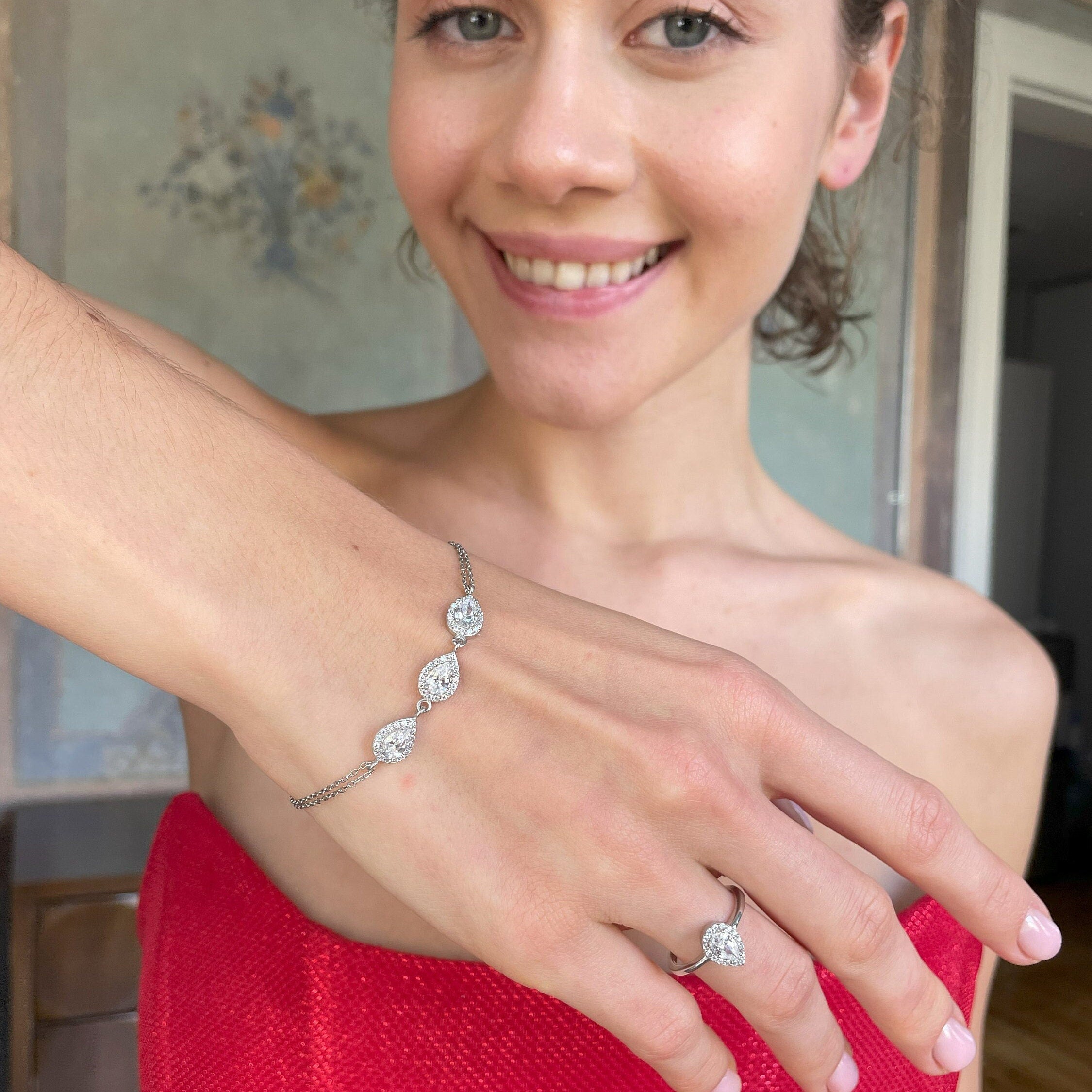 Cz Teardrop Jewelry Set - Bridal Jewelry Set - 925 Sterling Silver Bracelet & Ring - Cz Halo Jewelry - -