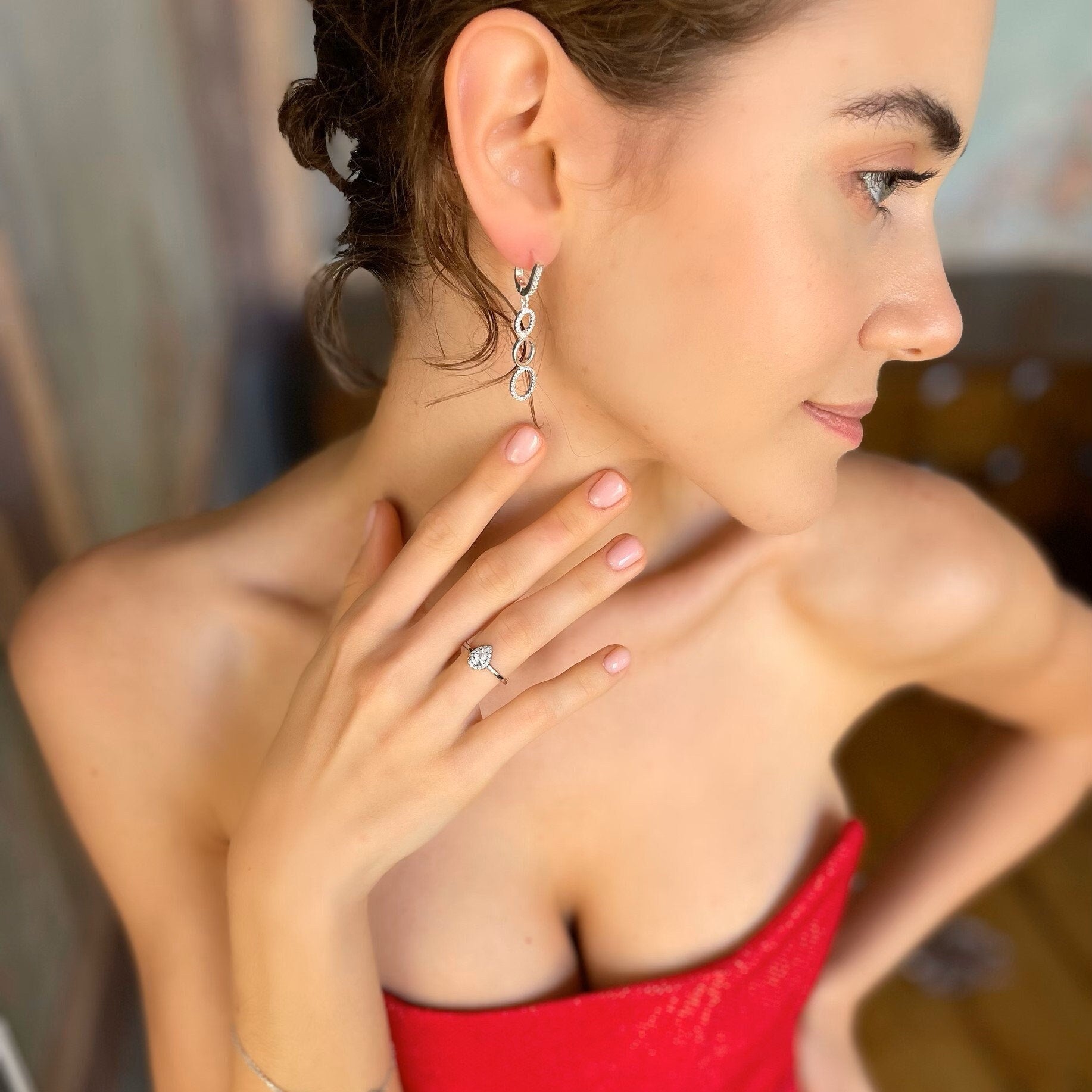 Triple Hoop Dangle Earrings - Shimmering Circles Earrings - Silver Triple Circle Cz Drop Earrings - Modern Jewelry For Women