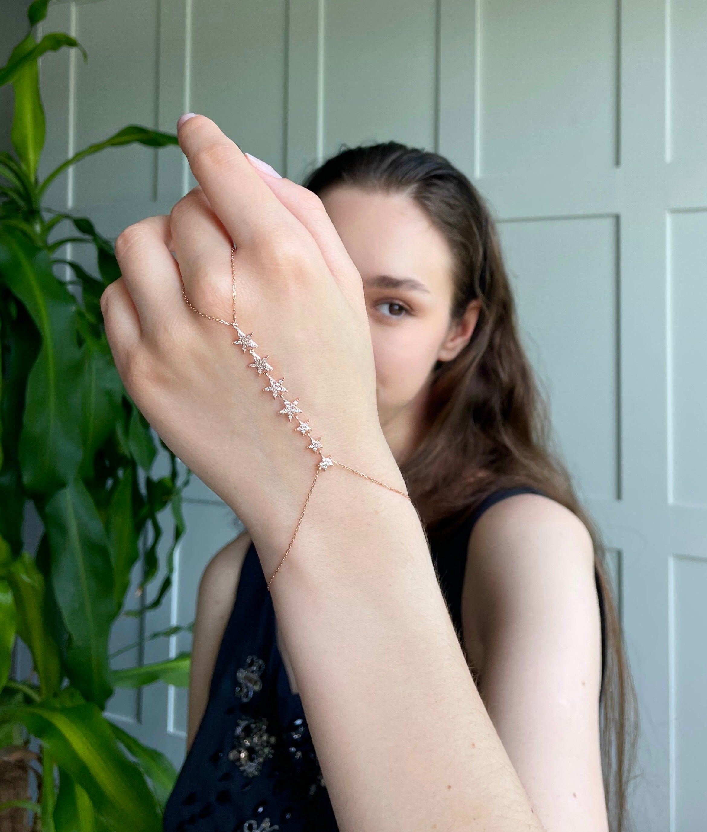 Star Sahmeran Bracelet - Star Chain Bracelet - Celestial Silver Jewery For Women - Hand / Finger Chain Bracelet