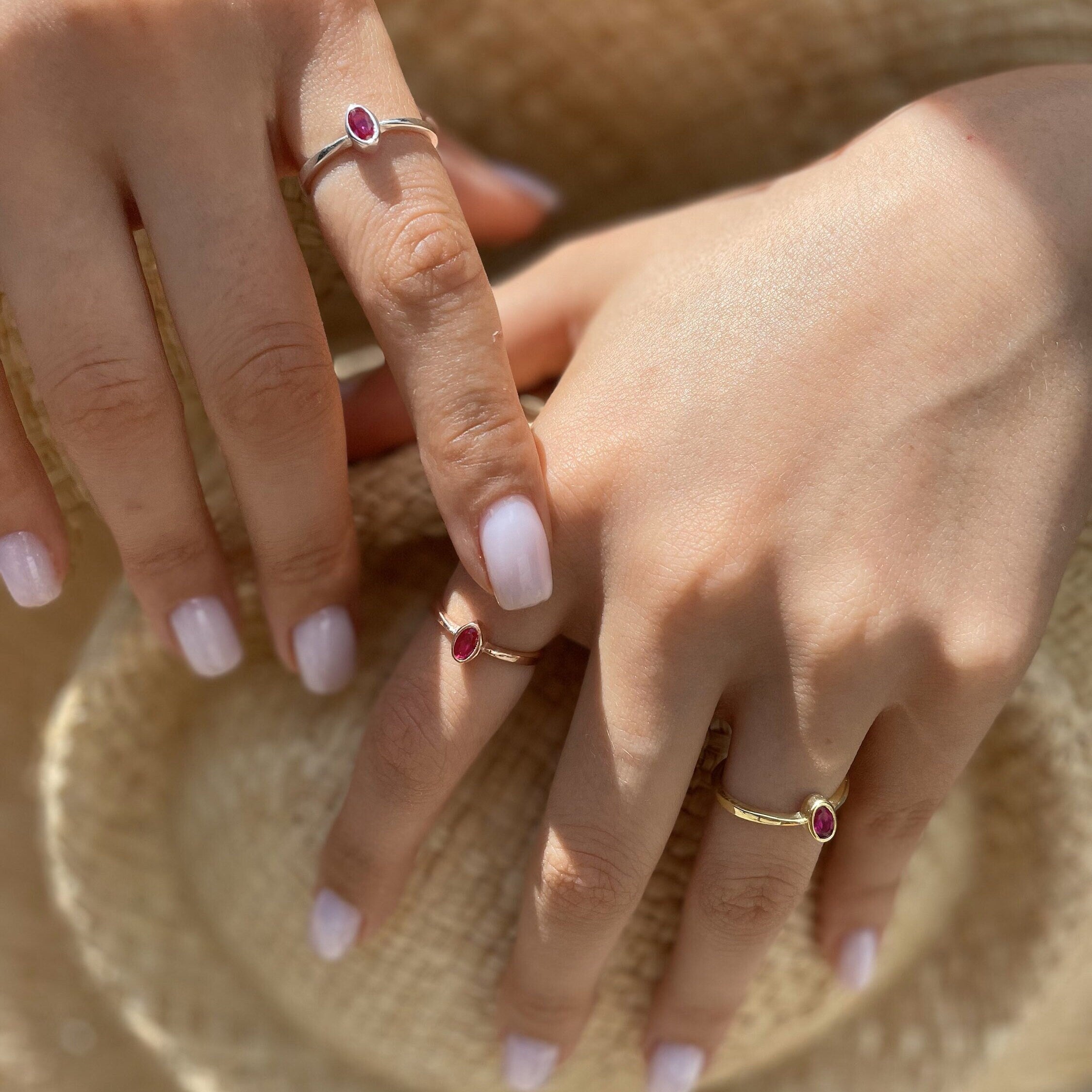 Simple & Chic Ruby Birthstone Stacking Ring - Oval Stone Silver Ring - Red Gemstone Jewelry - Dainty Promise Ring - Red Garnet Jewelry