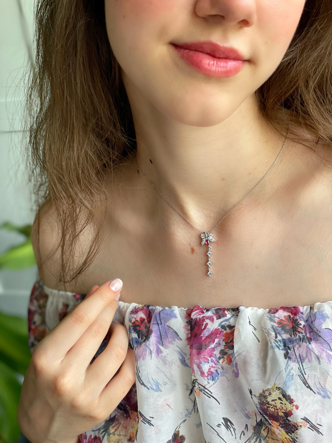 Floral Elegance Ruby Necklace - Cz Dangling Floral Pendant - Sterling Silver - Womens Jewelry - Birthstone Gift