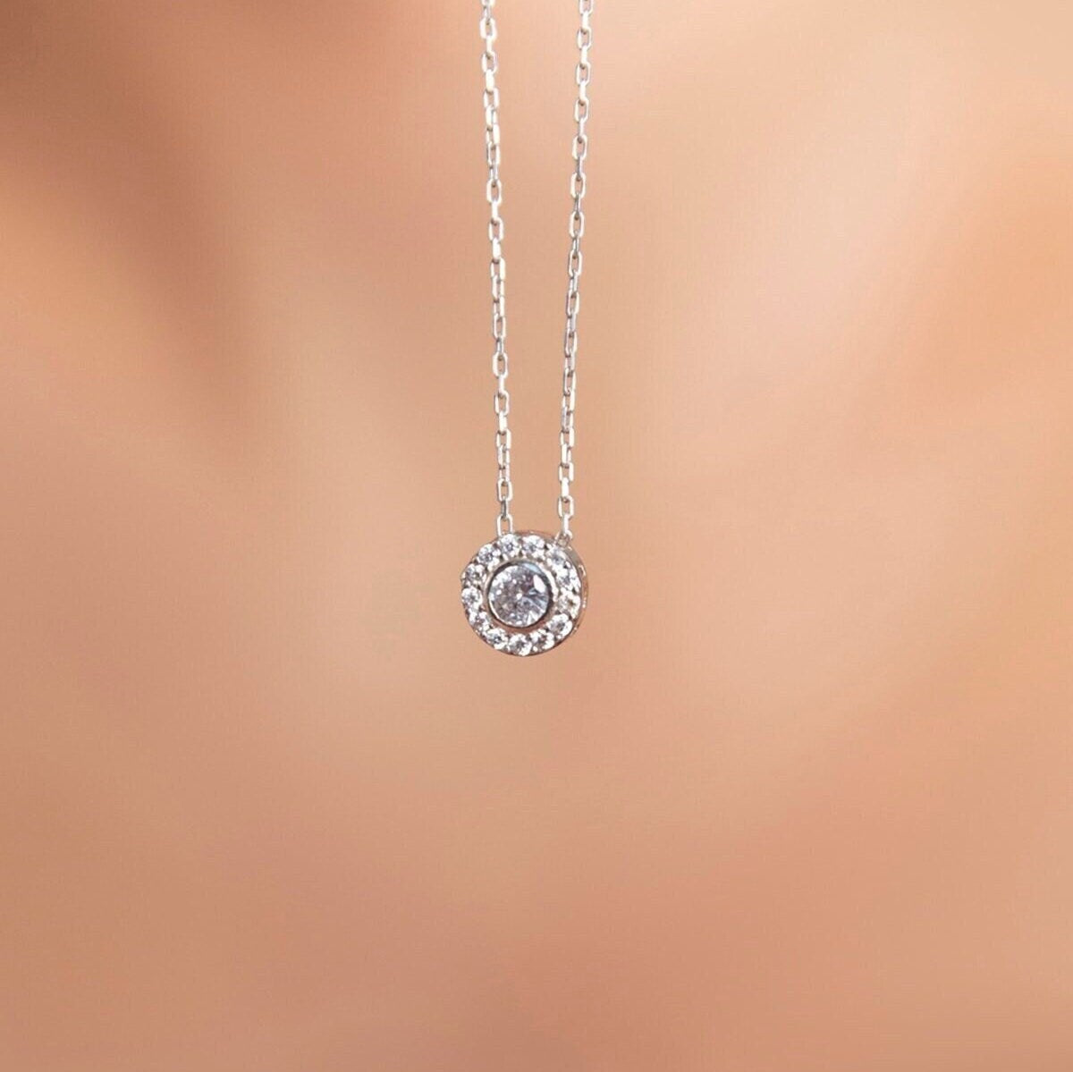 Dainty Sterling Silver Drop Necklace Created With Zirconia | Sterling Silver Small Round Pendant Necklace | White Drop Zirconia Pendant
