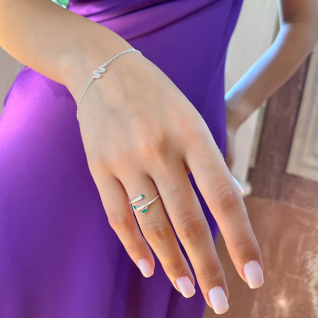 Glamorous Rhinestone Snake Bracelet - High Street Serpentine Snake Bracelet - Mixed Color Snake - Sterling Silver Everyday Jewelry For Women