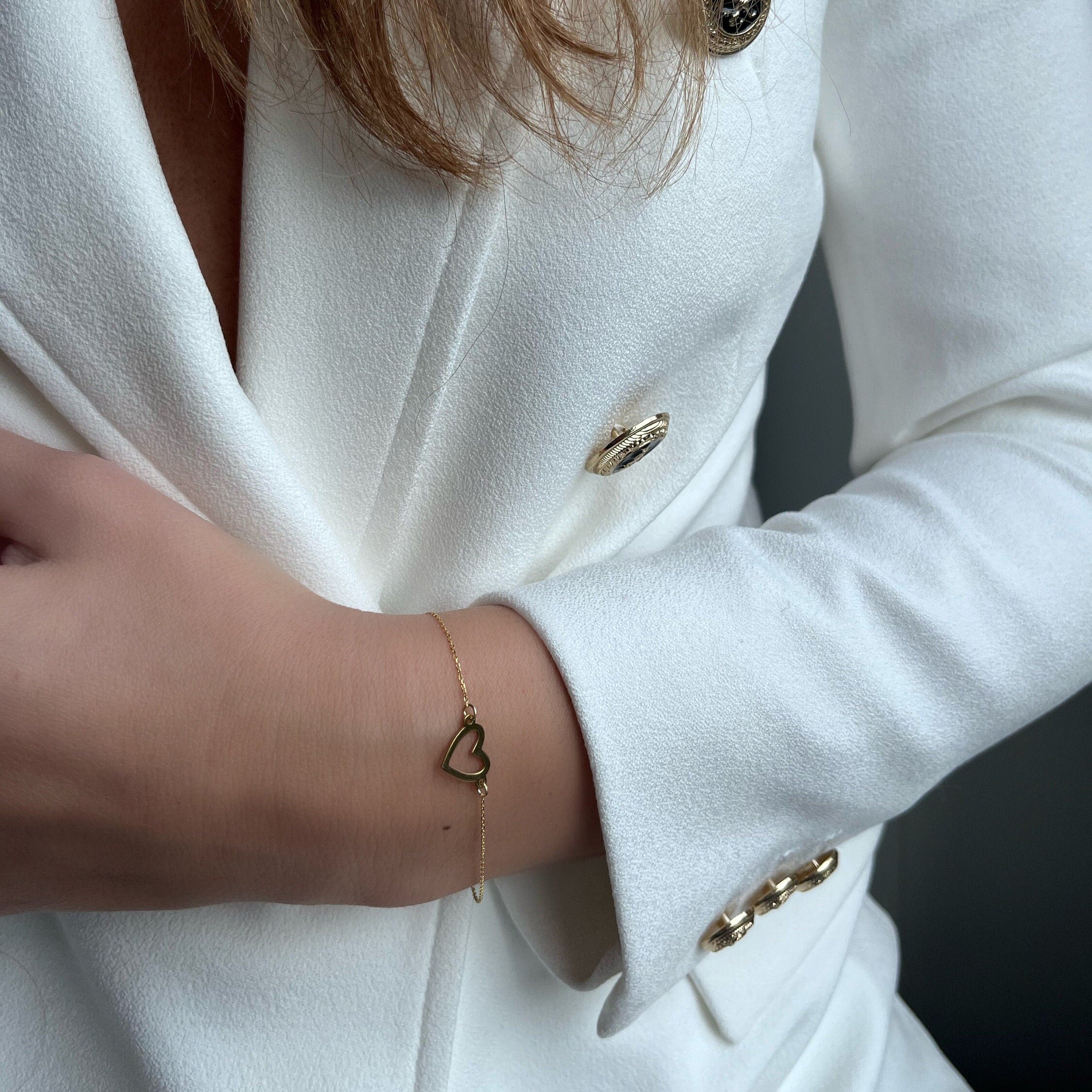 Gold Color Heart Charm Bracelet - Minimalist & Dainty Heart Jewelry - 925 Sterling Silver - Charming Heart Pendant - Romantic