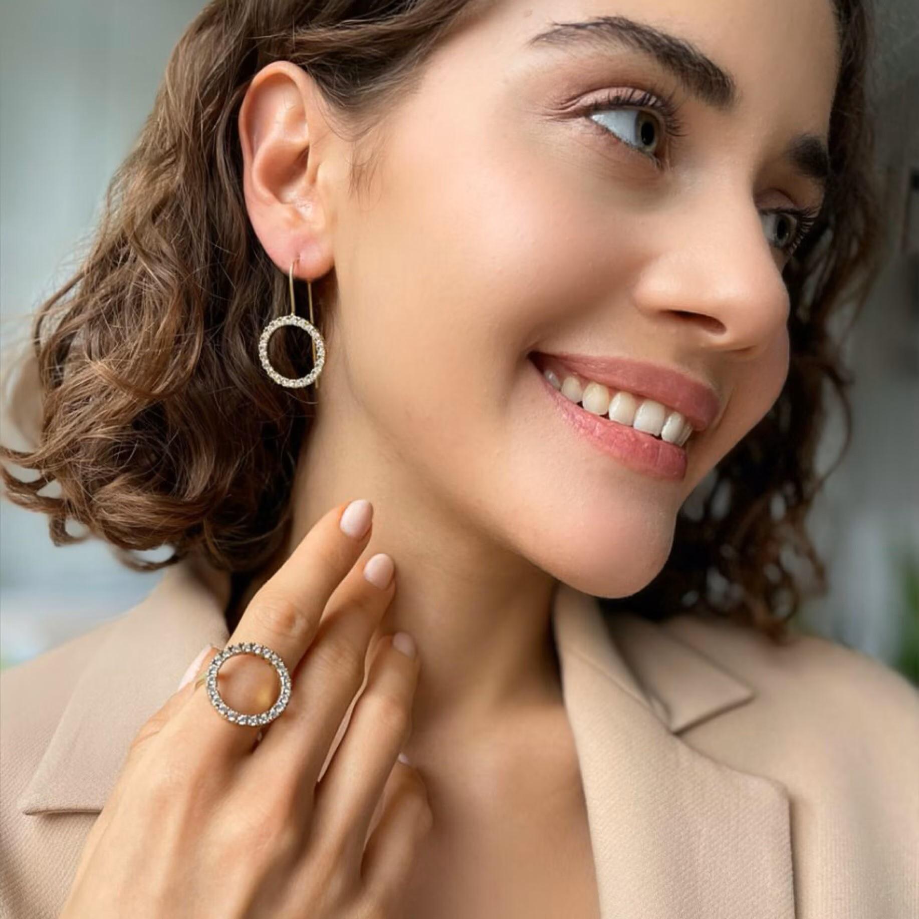 Cz Halo Jewelry Set - Zirconia Ring &earrings - Shimmering Circle Drop Earrings - Bridal Jewelry Set - Silver And Gold Plated Options