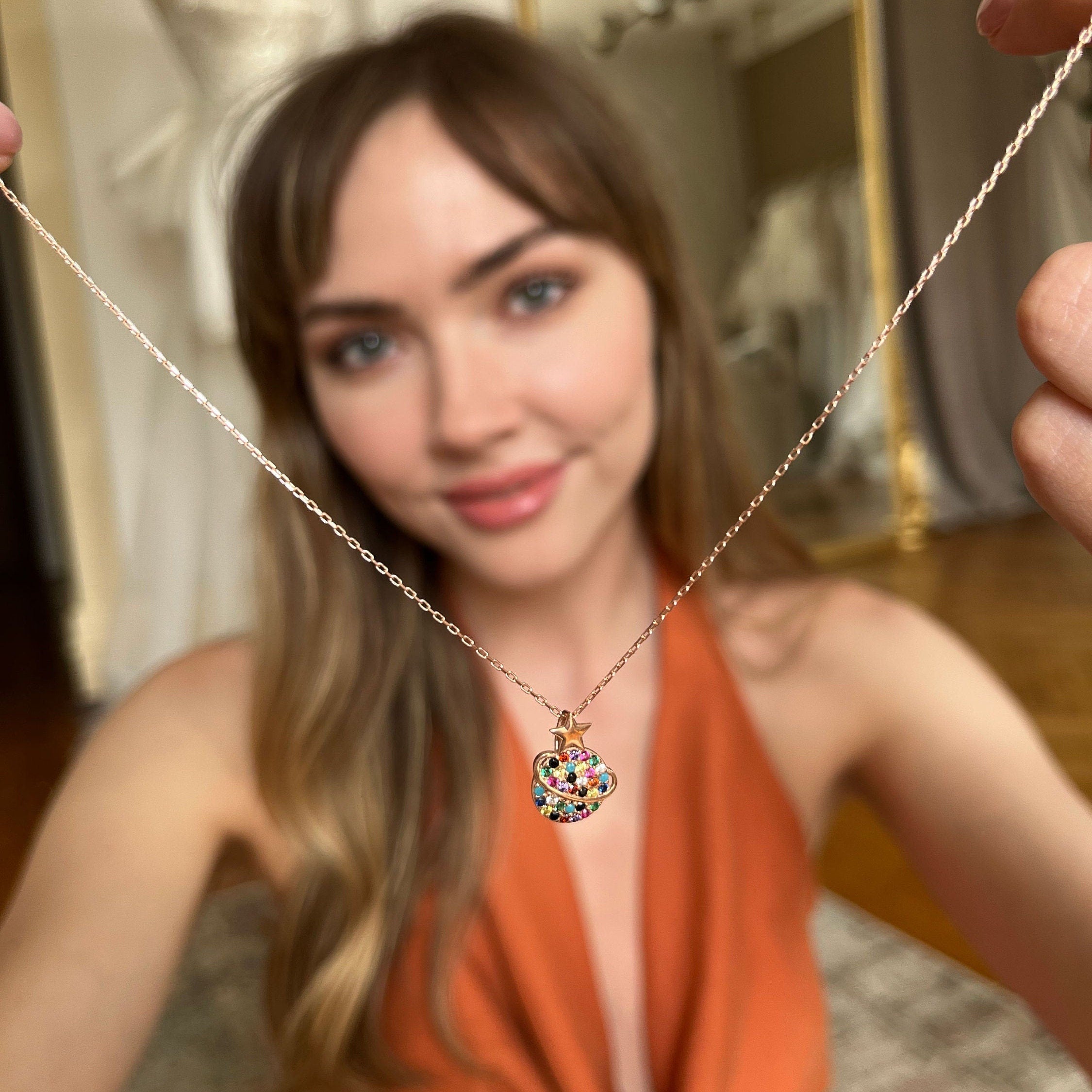 Saturn & Star Charm Necklace - Sterling Silver Planet Necklace With Multicolor Zirconia - Dainty Galaxy Necklace - Minimalist Celestial Gift