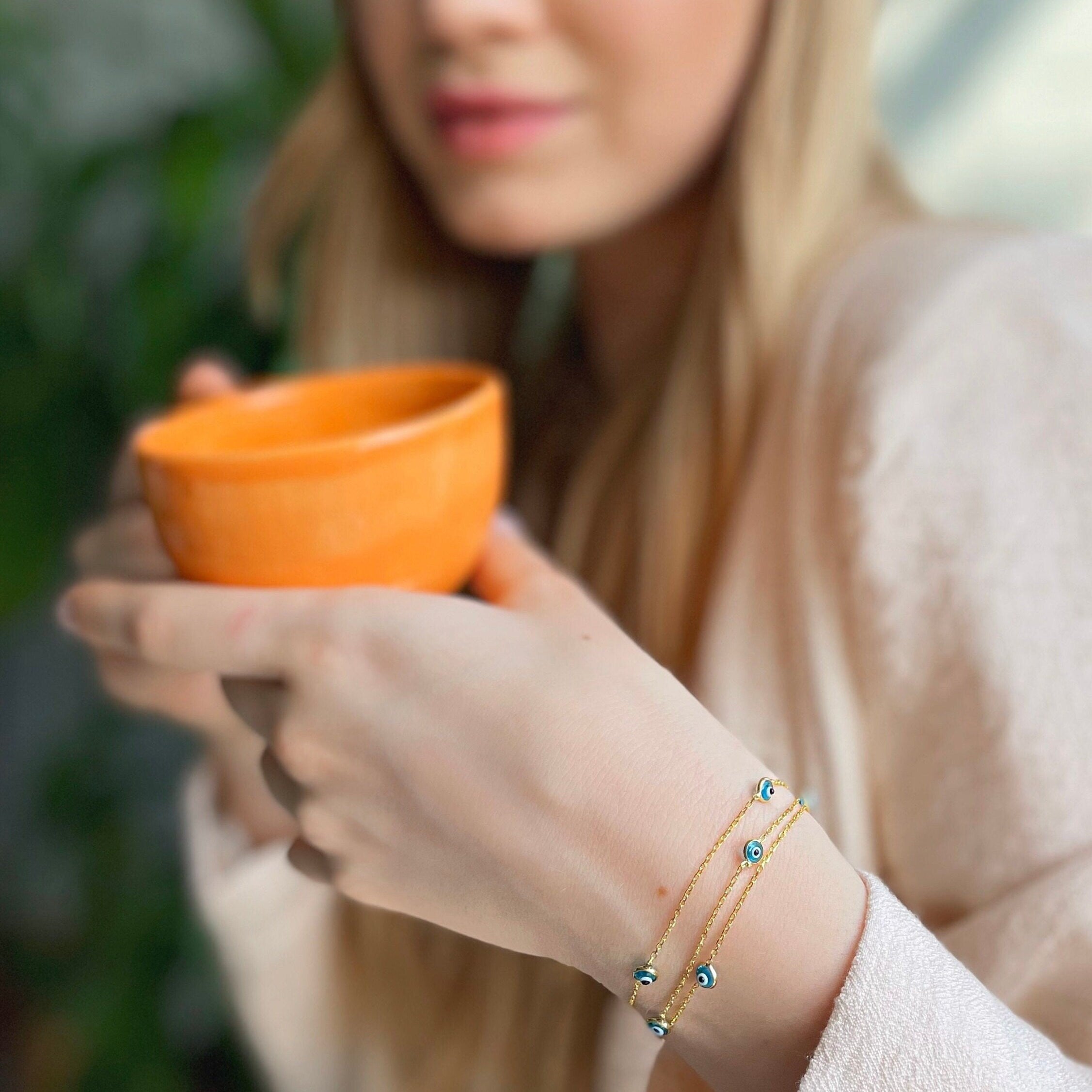 Evil Eye Bracelet With Blue Beads - Spiritual Bracelet - Gold Color Triple Chain Jewelry - Protection & Positive Energy - Summer Jewelry