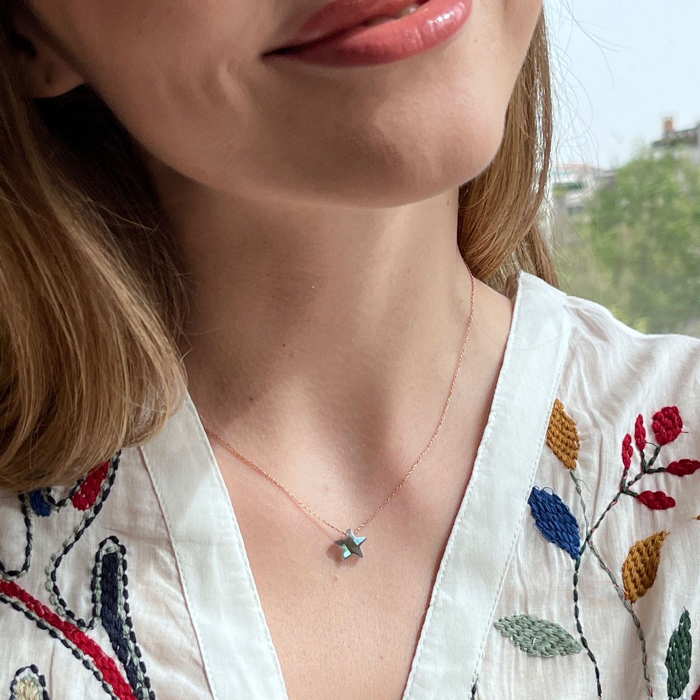 Minimalist Star Gemstone Sterling Silver Necklace - Labradorite Star Pendant - 925 Sterling Silver Necklace - Summer Star Necklace Gift