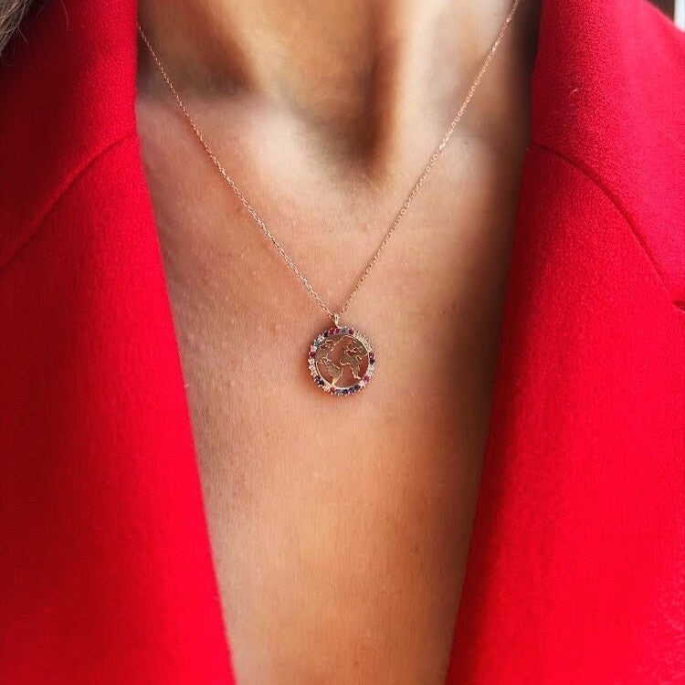 Multi Colored World Pendant Sterling Silver Necklace | Globetrotter Necklace | World Globe Gift | Map Pendant Necklace | Travel Gift Idea