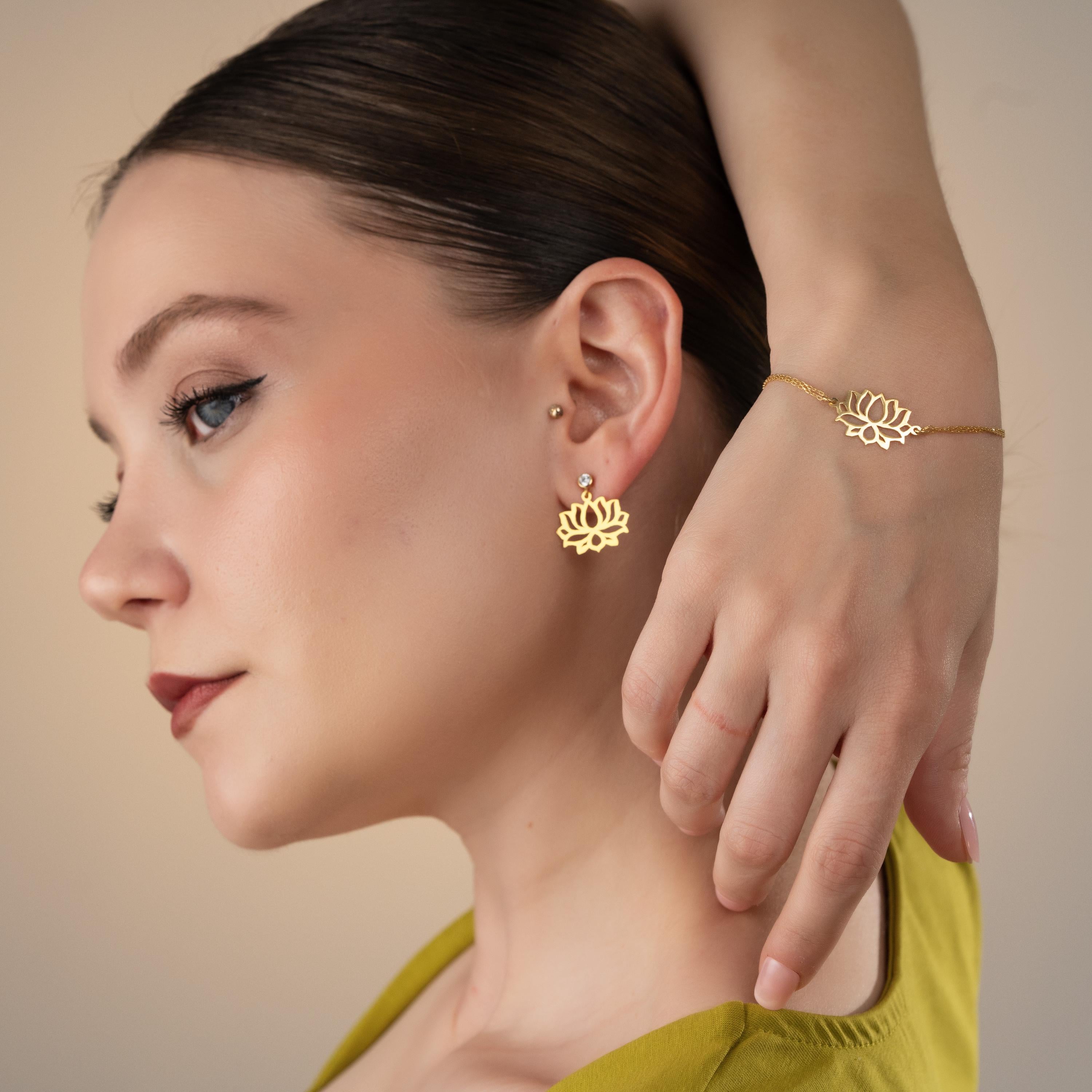 Gold Lotus Flower Jewelry Set, Dainty Bracelet & Earrings