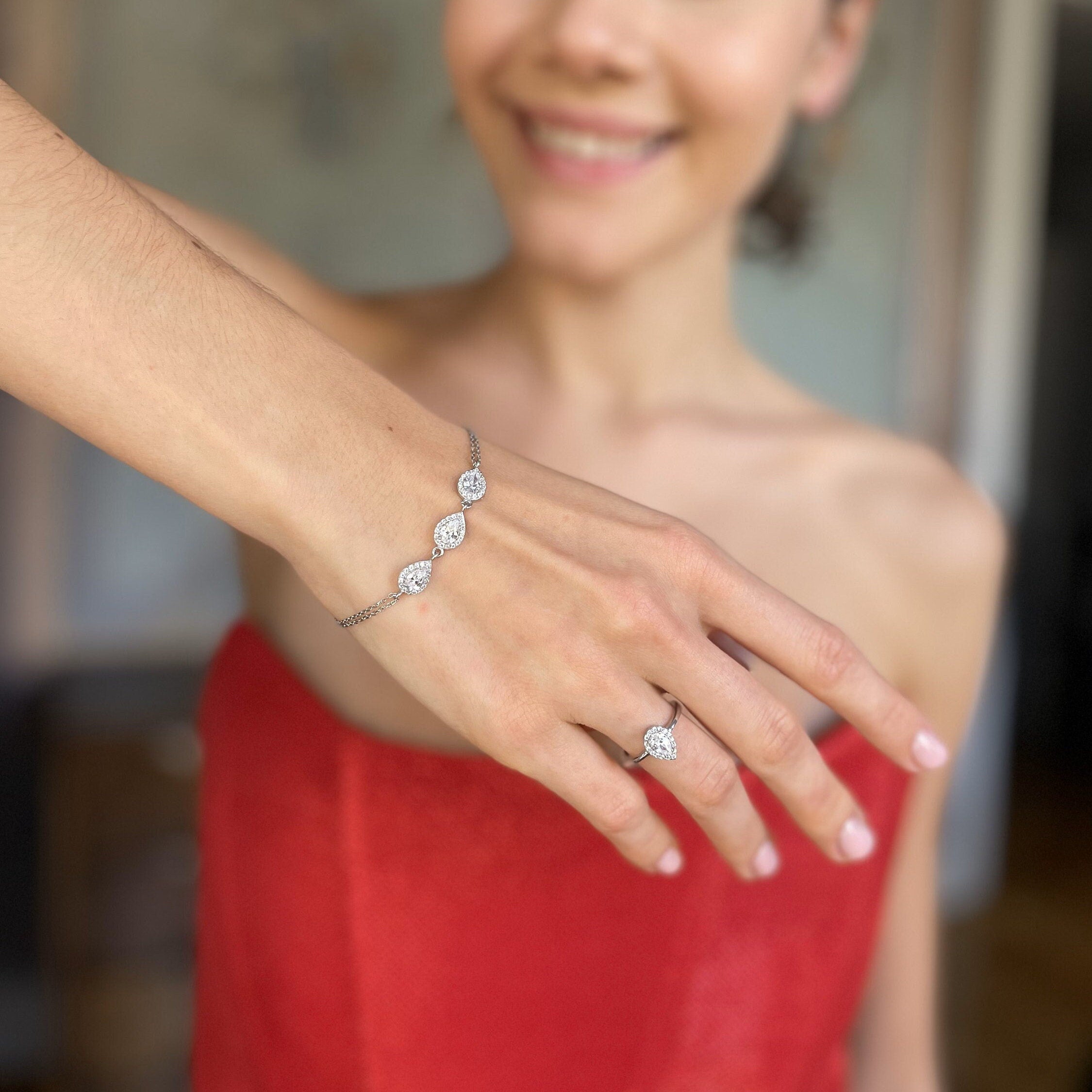 Cz Teardrop Jewelry Set - Bridal Jewelry Set - 925 Sterling Silver Bracelet & Ring - Cz Halo Jewelry - -