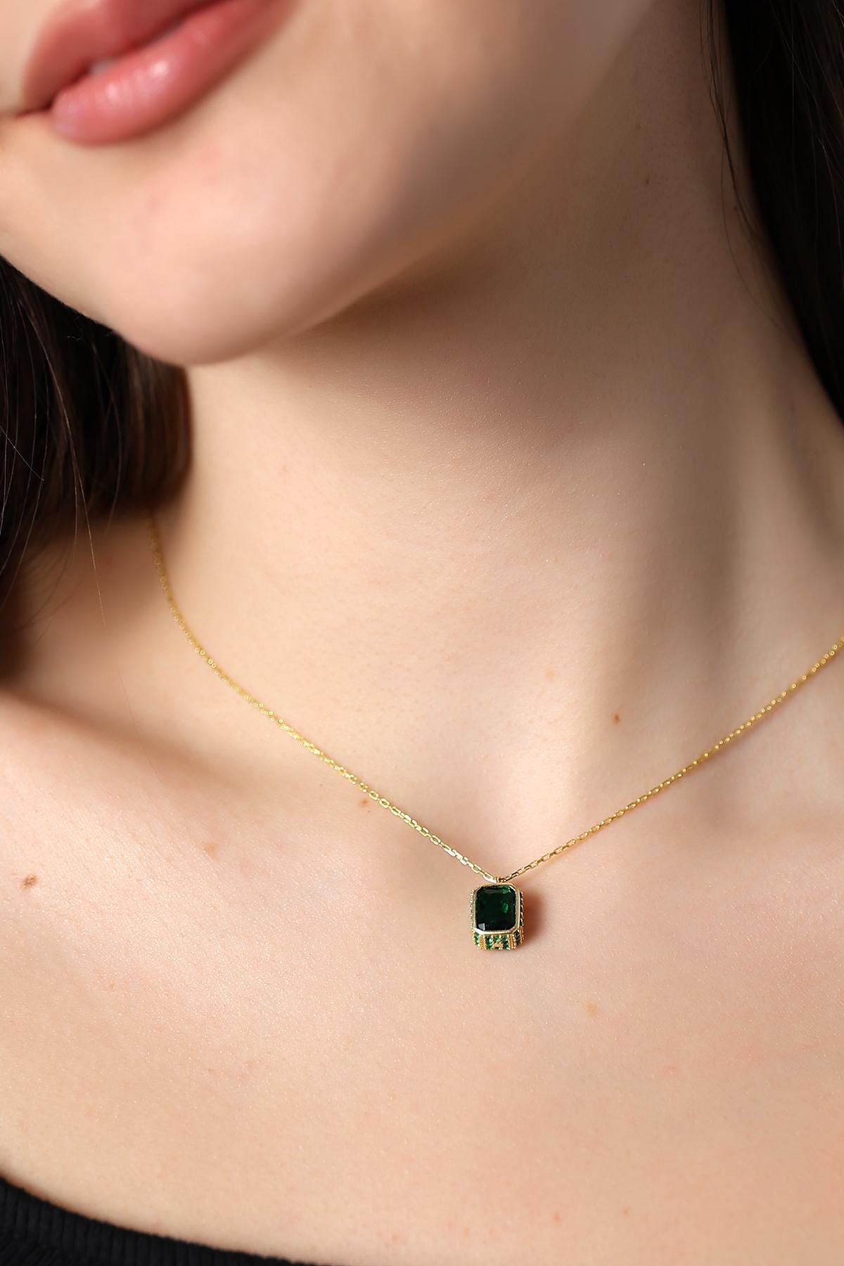 Baguette Cut Emerald Necklace , Gold Framed Gothic Black Gem Pendant , Handmade Timeless Jewelry , Emerald Cut Solitaire Silver Necklace