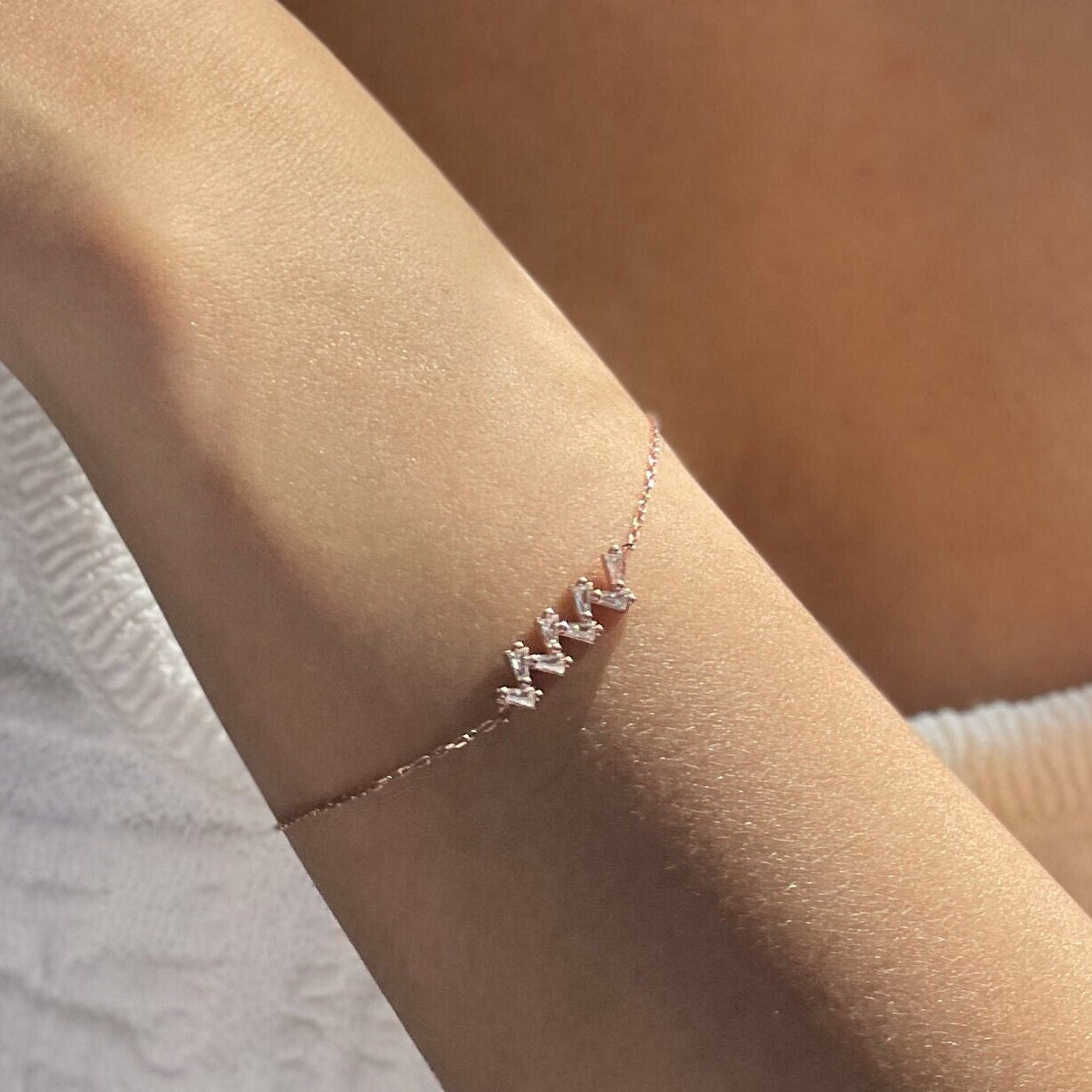 Cz Heartbeat Bracelet - Rose Gold Color Zigzag Bracelet - Minimalist Sterling Silver Jewelry - Delicate Jewelry For A Meaningful Gift
