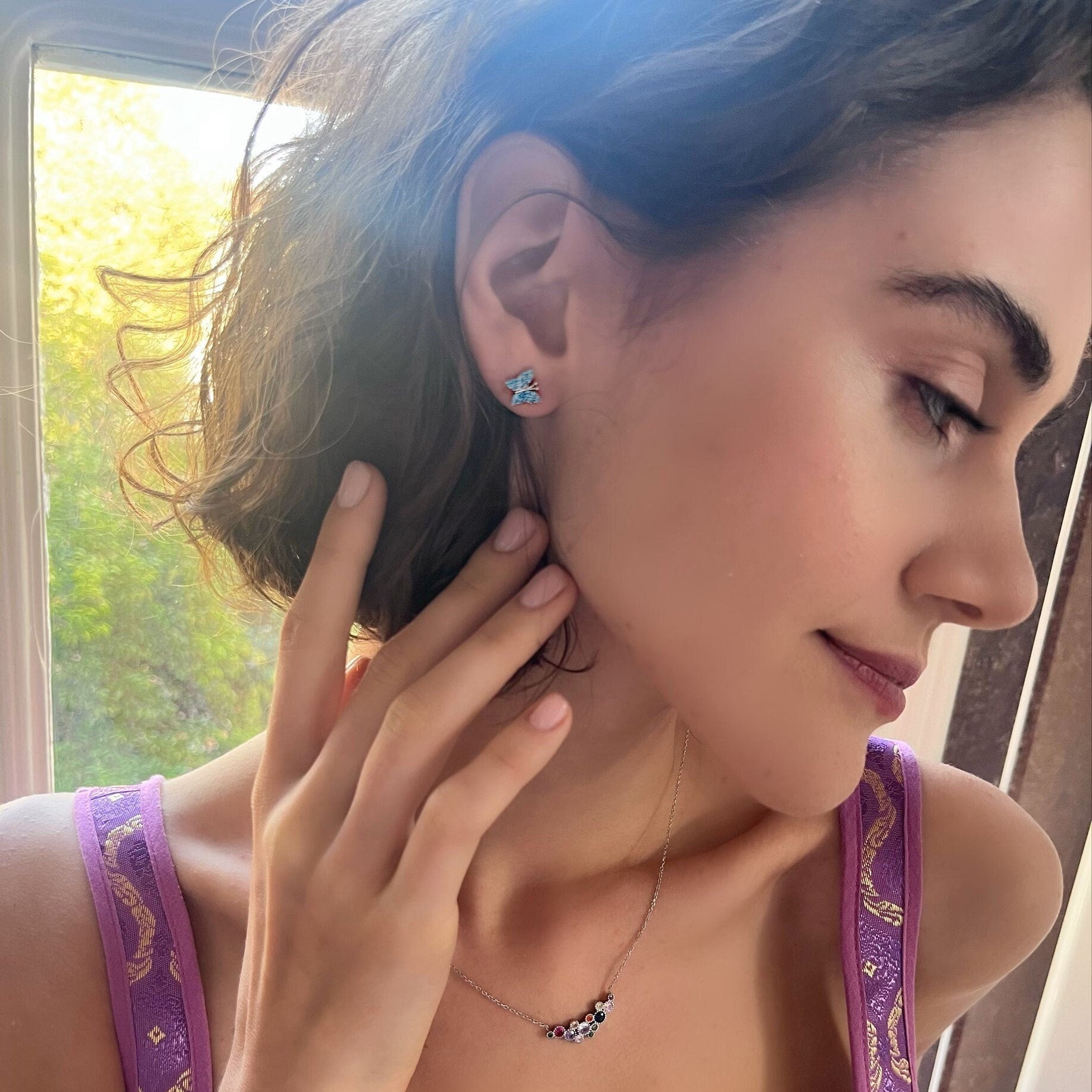 Minimalist Butterfly Earrings - Turquoise, Aquamarine, Zircon Butterfly Stud Earrings - Handmade 925 Sterling Silver Jewelry