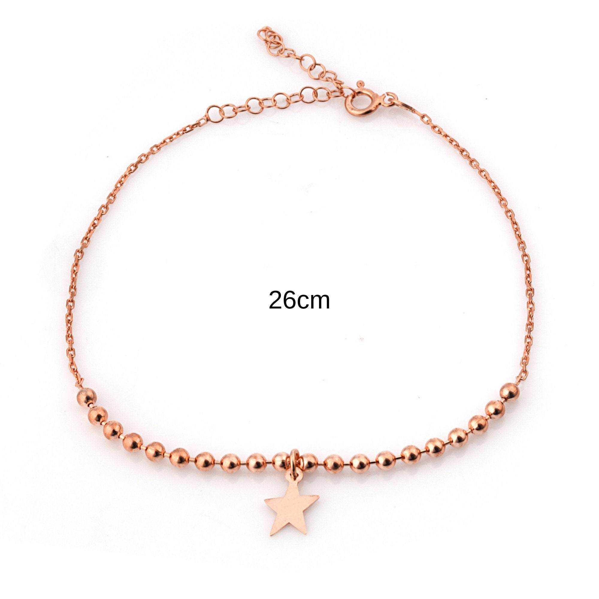 Star Bead Charm Anklet Bracelet , Sterling Silver Wheat Chain, Beaded Star Anklet, Rose Gold Adjustable Star Anklet, Boho Jewelry