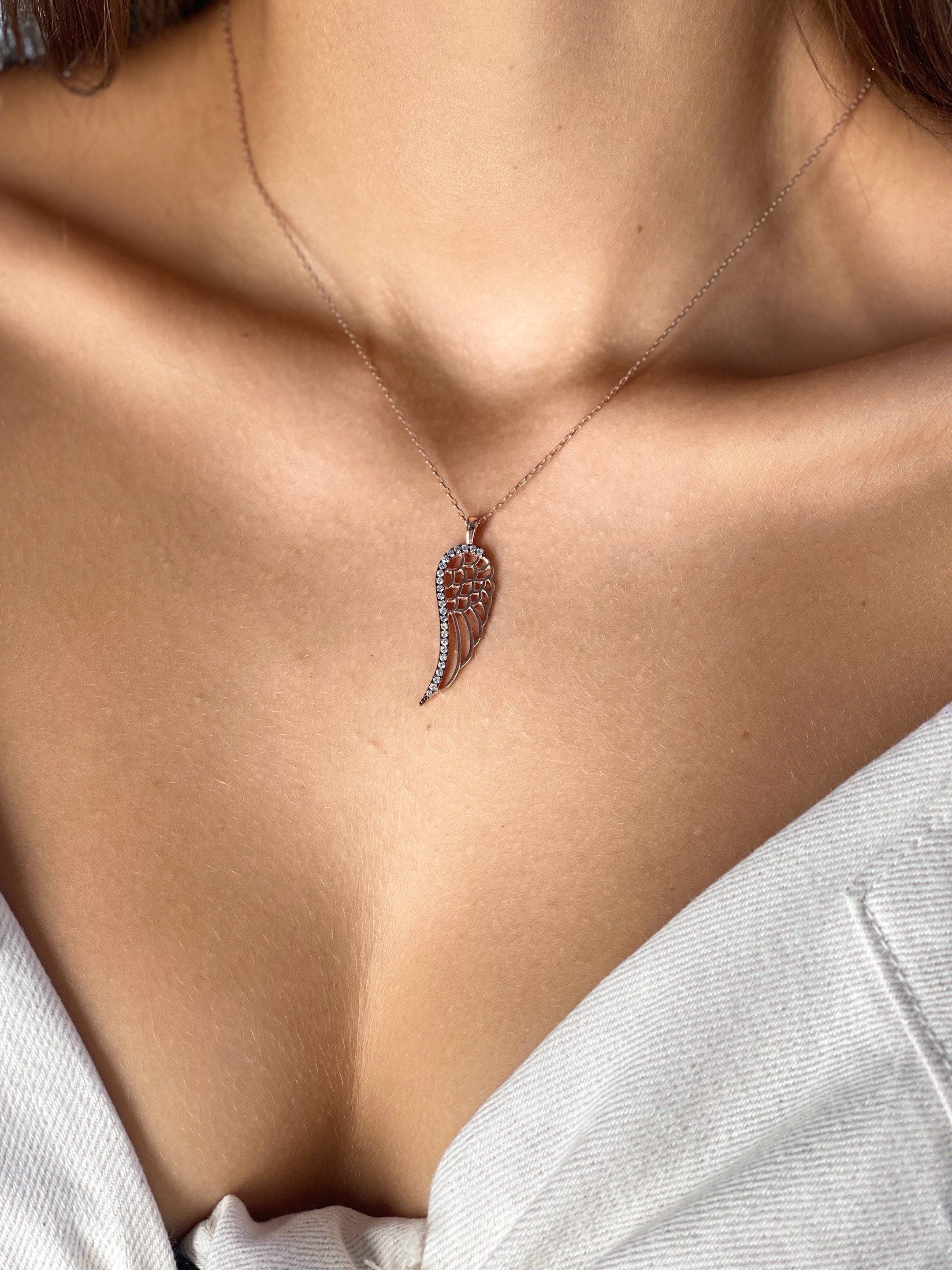 Sterling Silver Angel Wing Pendant Necklace, White Zircon Archangel Jewelry, Dream Wing Necklace, Delicate Silver Necklace
