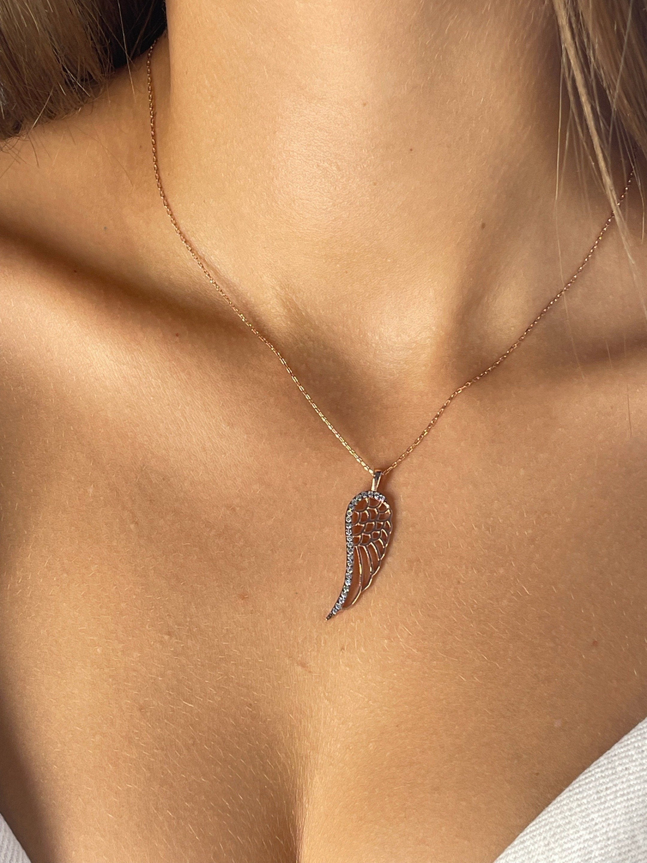 Sterling Silver Angel Wing Pendant Necklace, White Zircon Archangel Jewelry, Dream Wing Necklace, Delicate Silver Necklace