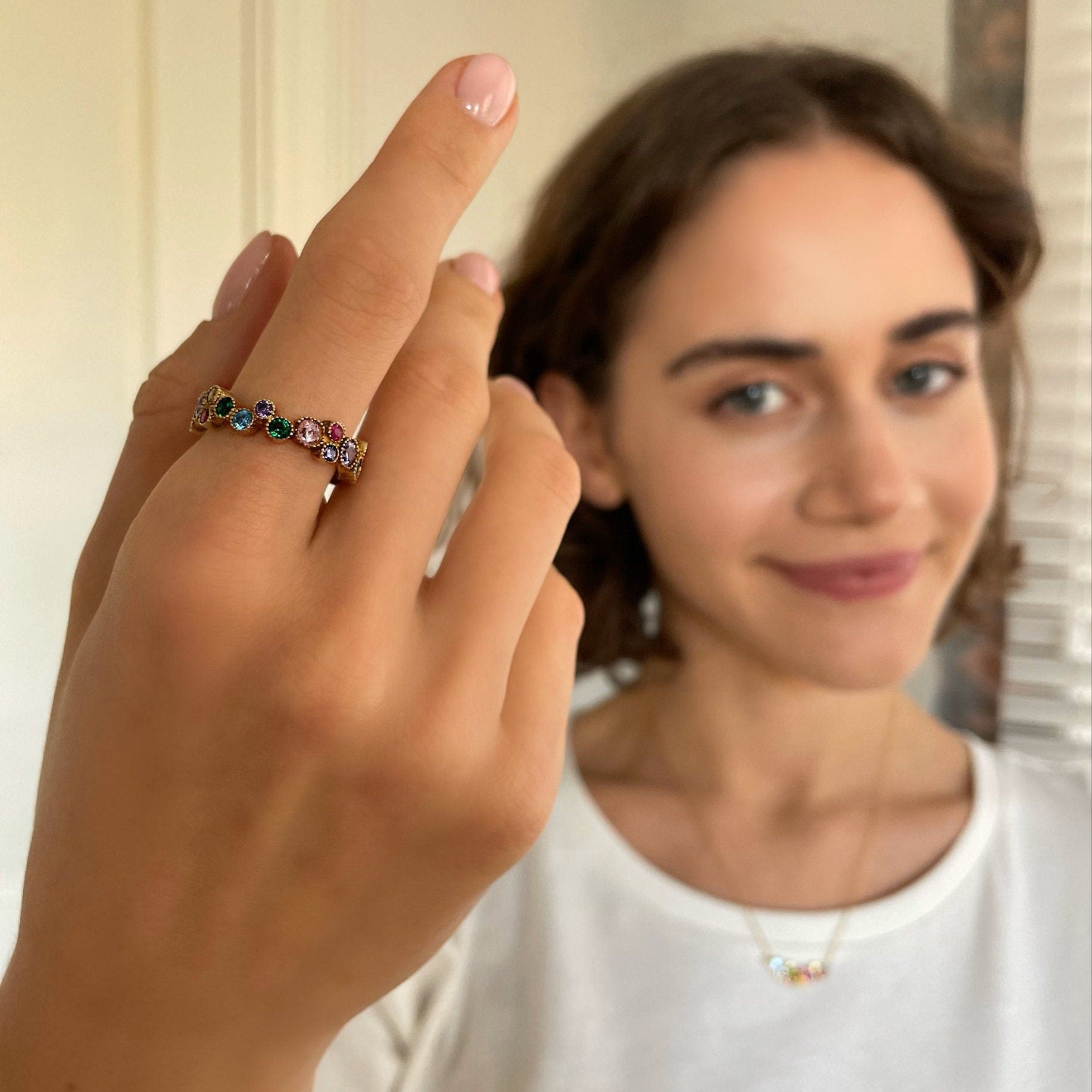 Fancy Rainbow Jewelry Set - Multicolor Zirconia Necklace And Eternity Ring Set - Gold Plated Colorful Cz Jewelry -